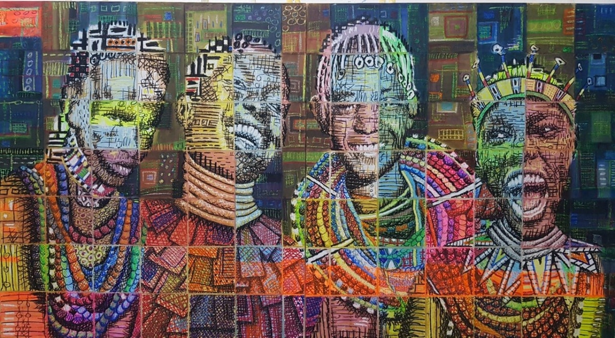 BARKI-0014 by Barkinado BOCOUM – four African women in traditional adornment, grid mosaic on canvas