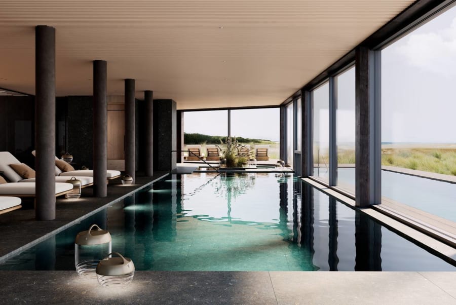 Pool pavilion with sea view through floor-to-ceiling glass
