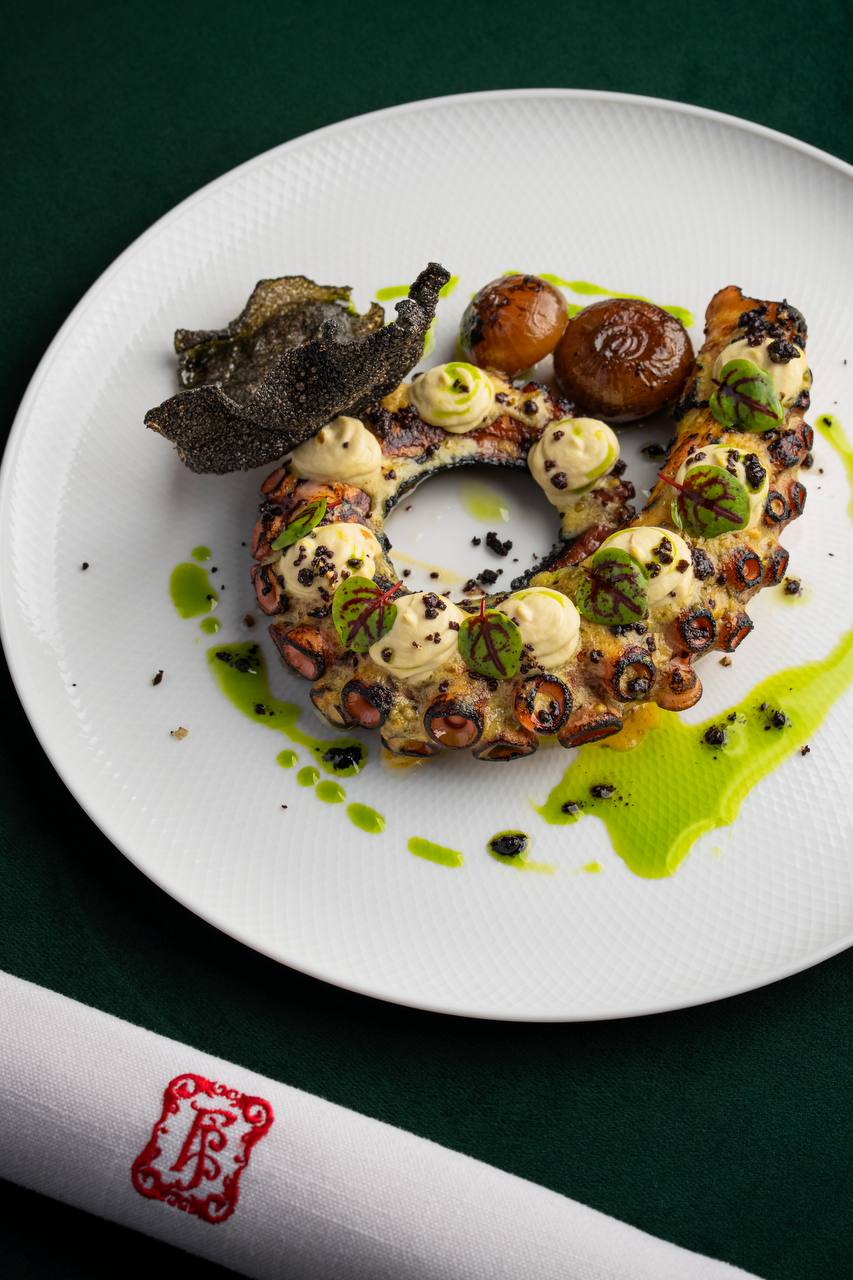 Charred Octopus with Artichoke Purée, Olive oil and Oregano Mustard Dressing at Felicità