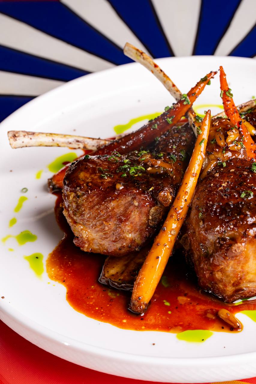 Glazed lamb chops with herbs and roasted carrots at Felicità