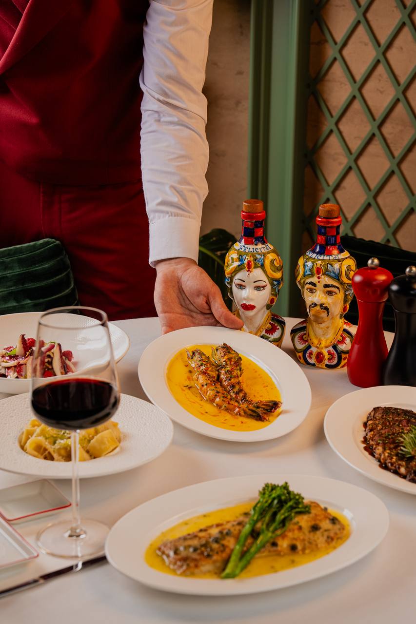 Business Lunch Spread with Grilled Prawns, Pan Fried Seabass and Fresh Pasta at Felicità