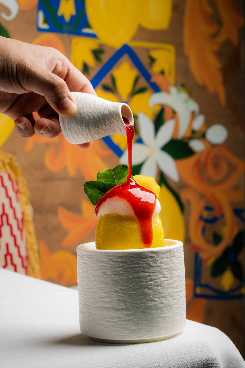 Amalfi Lemon Sorbet with Strawberry sauce at Felicità Dubai