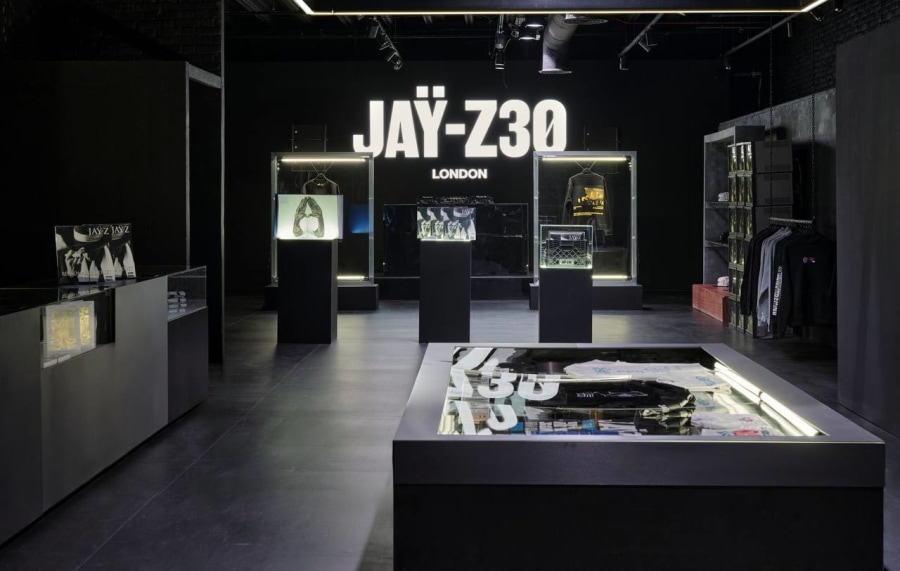 JAY-Z 30 pop-up retail space at UMusic Shop Camden, featuring merchandise displays and the JAY-Z30 installation