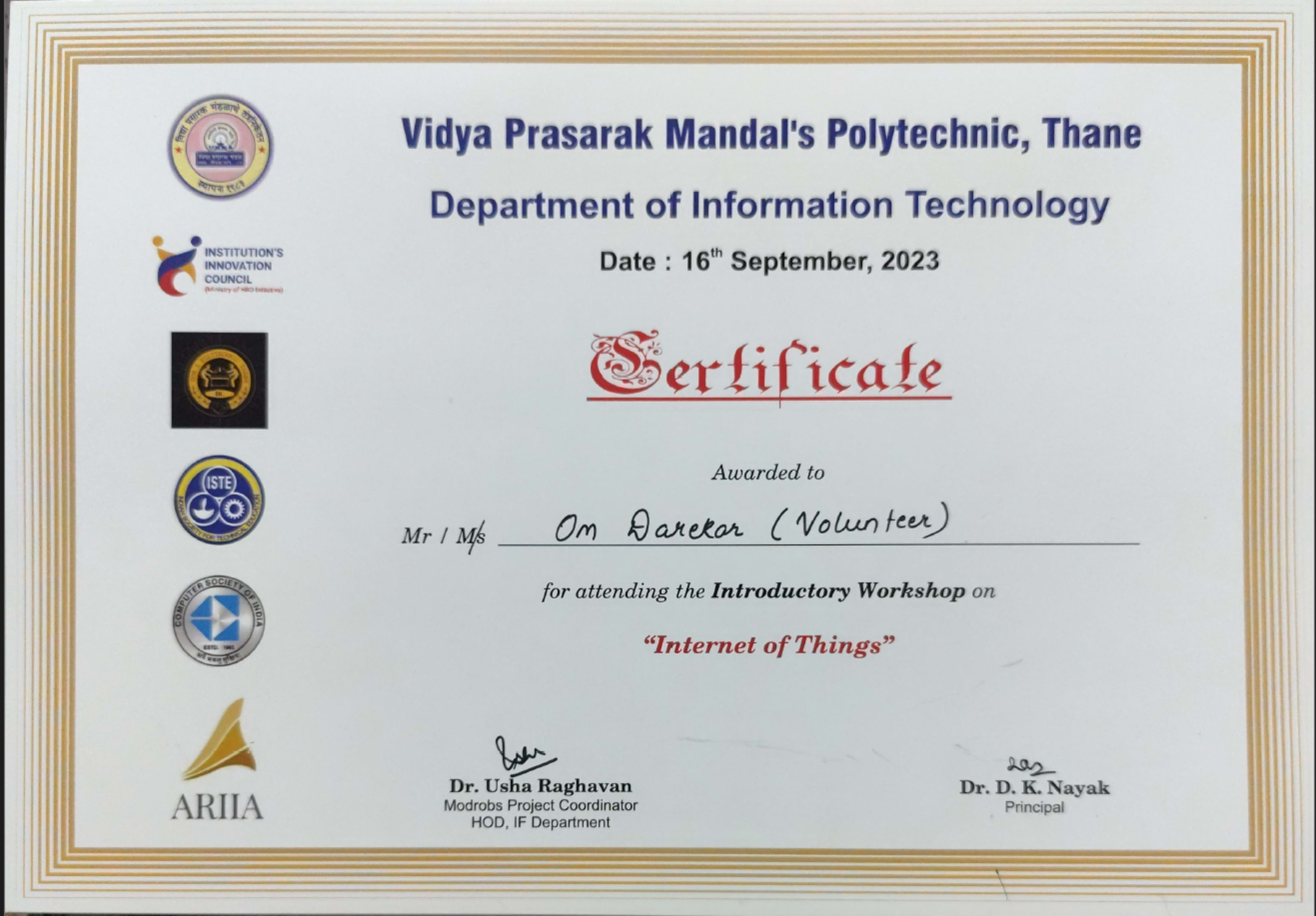 Internet of Things (IoT) – Introductory Workshop certificate
