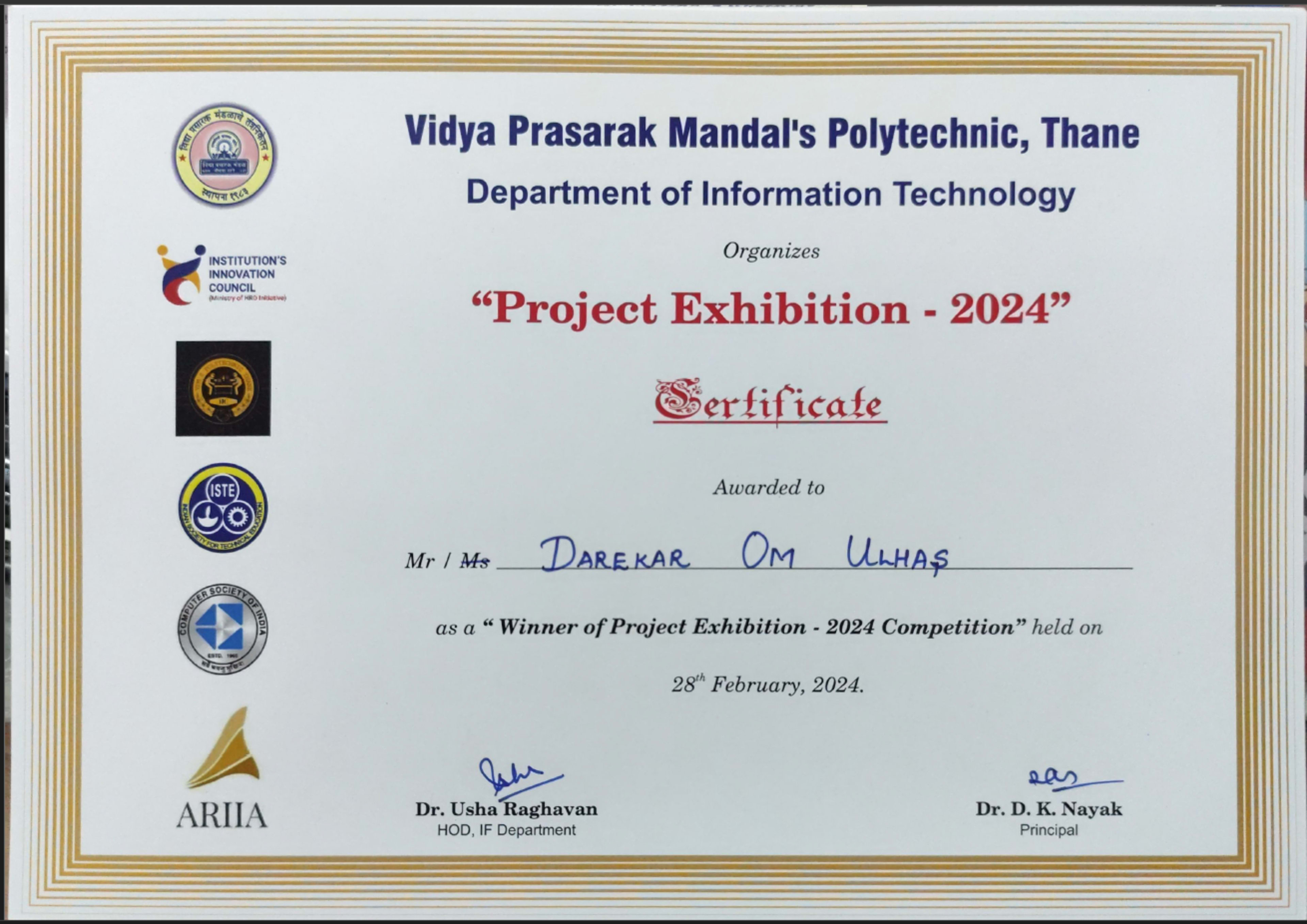 Winner – Project Exhibition 2024 certificate