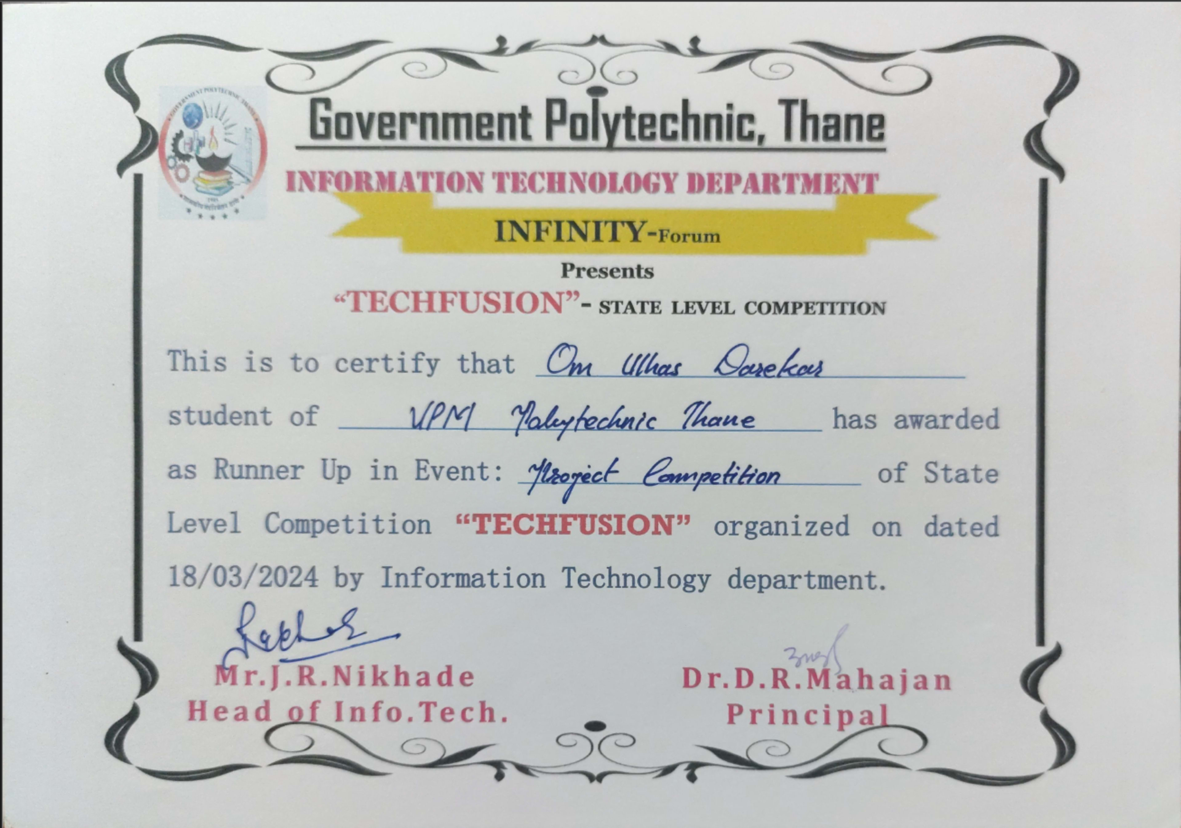 Runner-Up – TECHFUSION State Level Project Competition certificate
