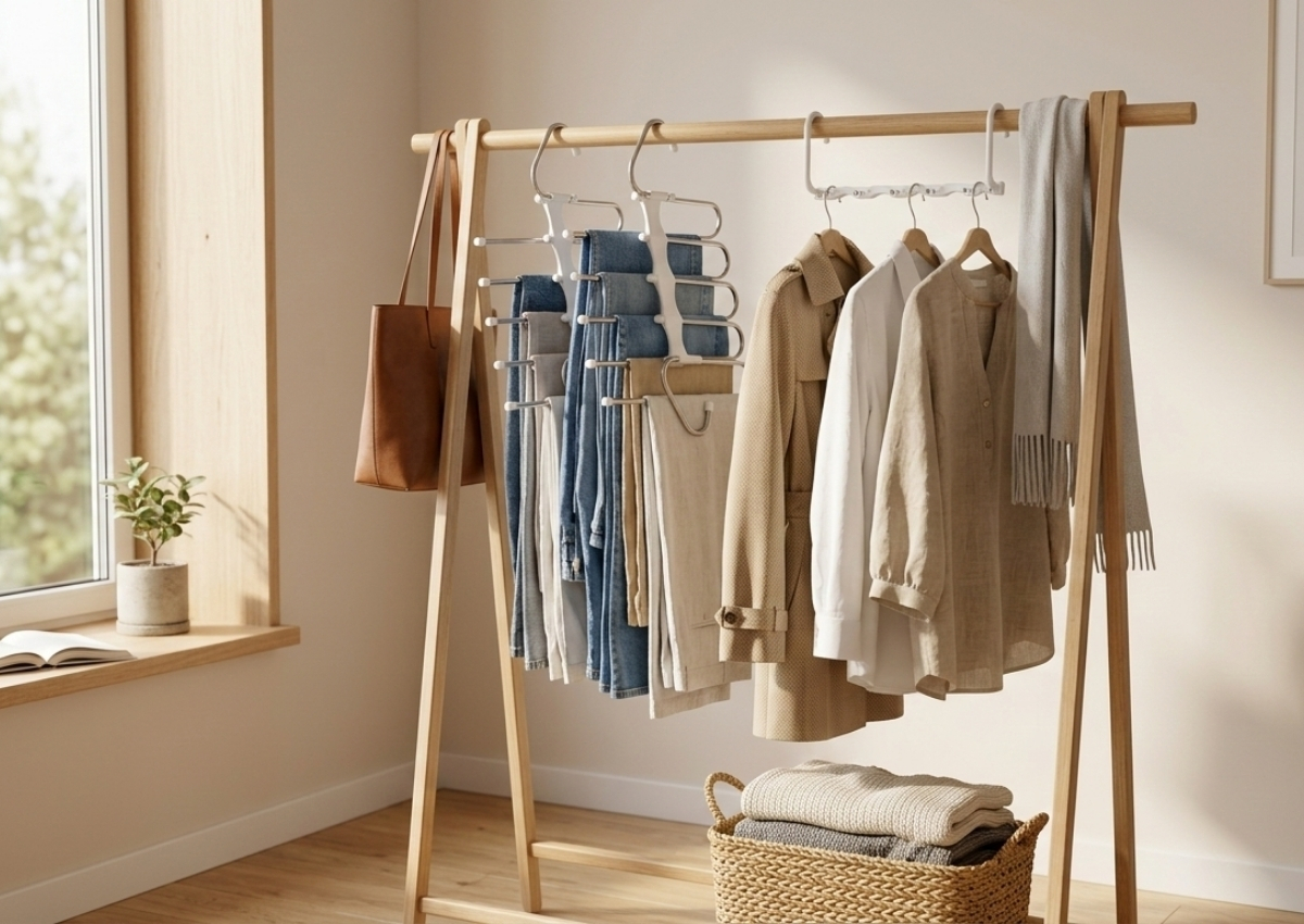 small bedroom organization ideas - portable clothes rack styled with capsule wardrobe