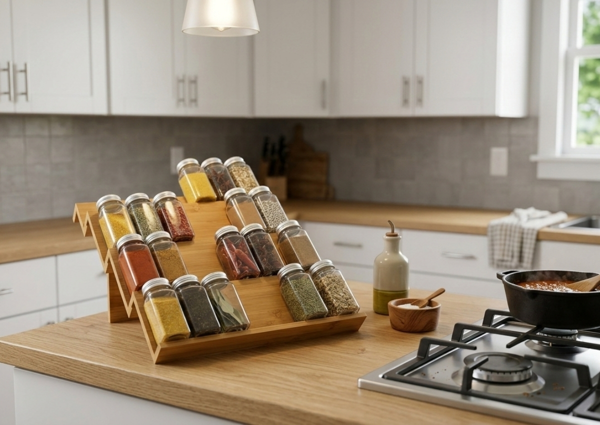 small kitchen storage ideas - bamboo spice rack on counter