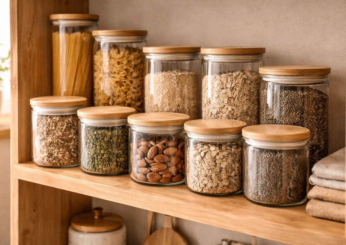 small kitchen storage ideas - glass jars and bamboo canisters in pantry