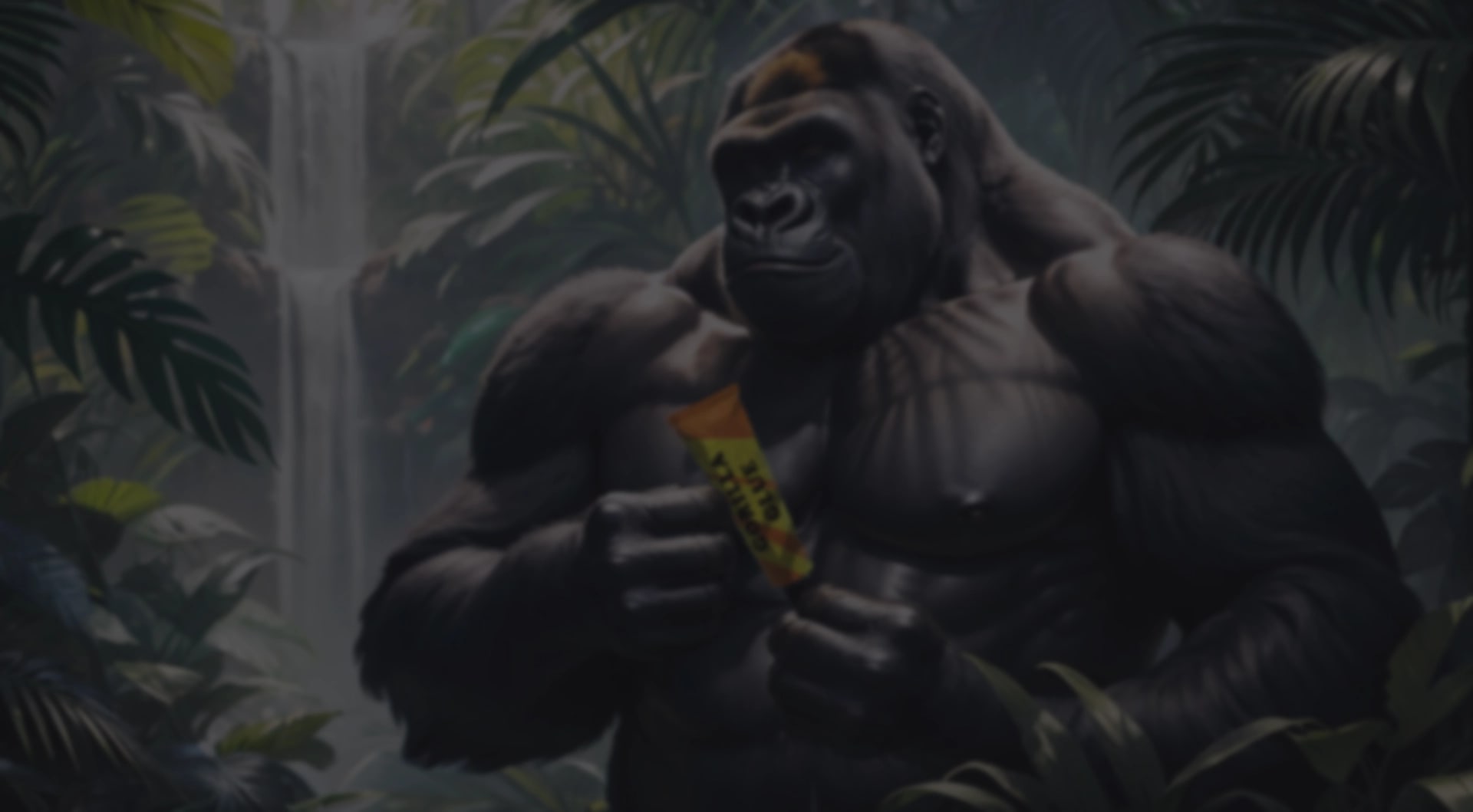 Starker Gorilla hält Gorilla Glue Auto in einem Dschungel.