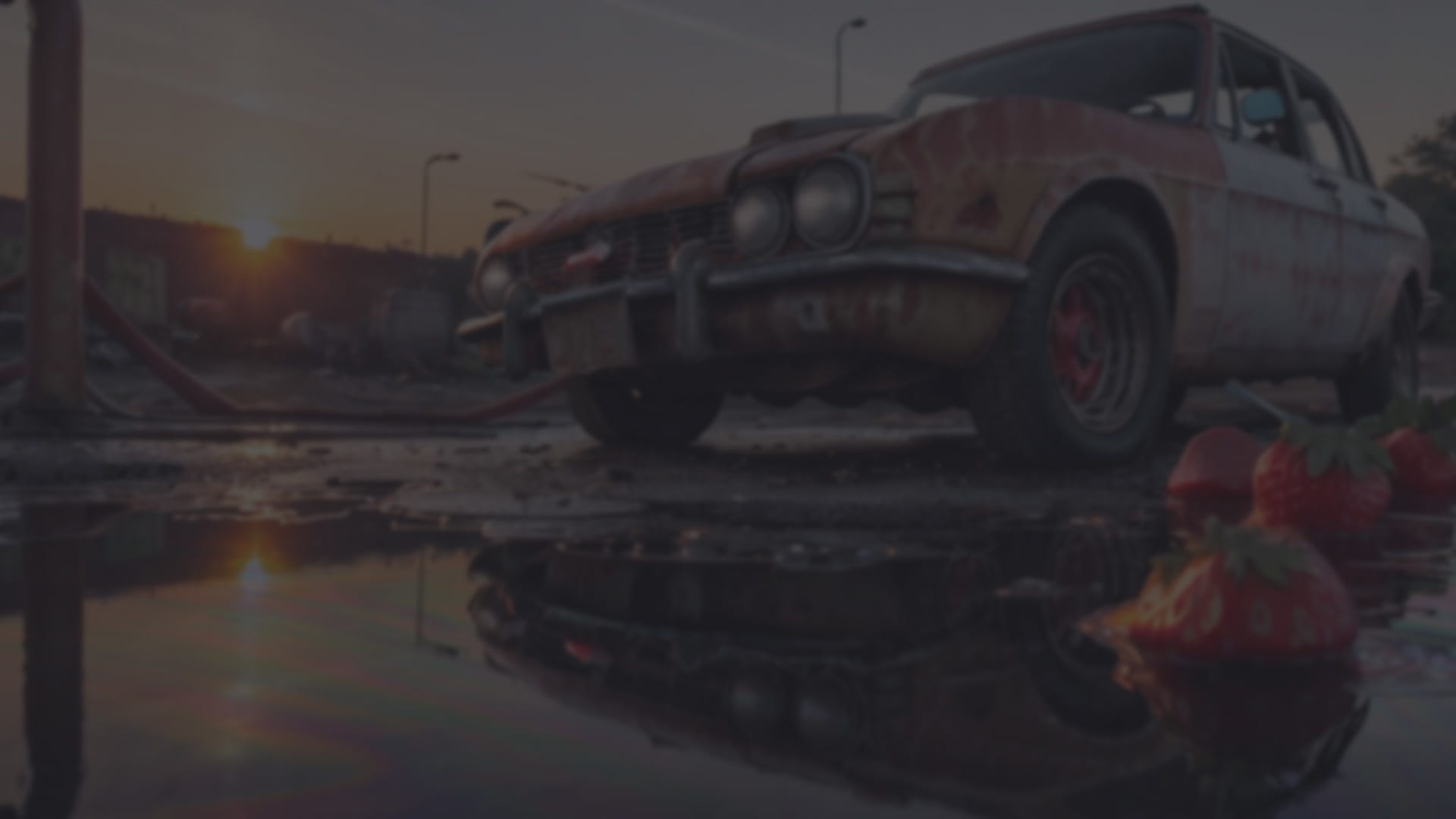 Alte Limousine mit Erdbeeren im Abendsonnenlicht reflektiert im Wasser.