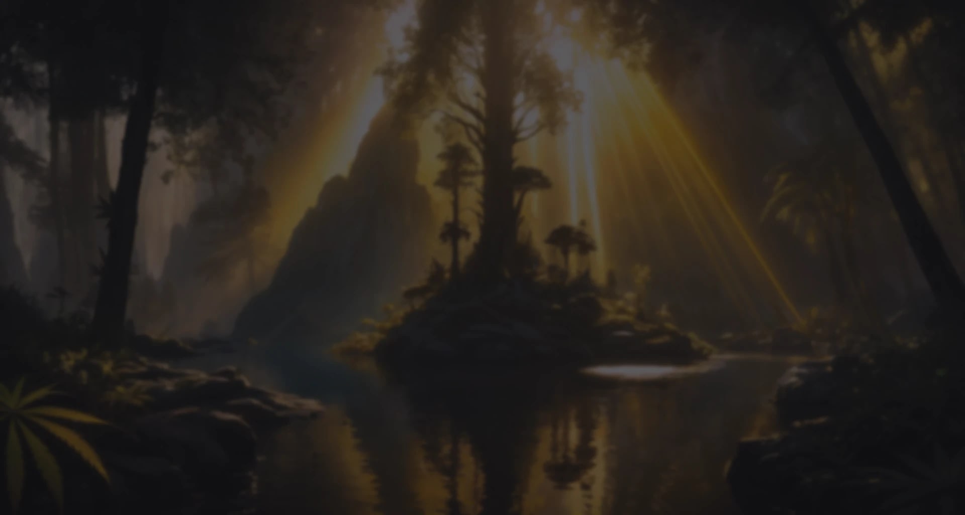 Sonnenlicht filtert durch dichte Dschungel, wirft goldene Strahlen über einen ruhigen Fluss.