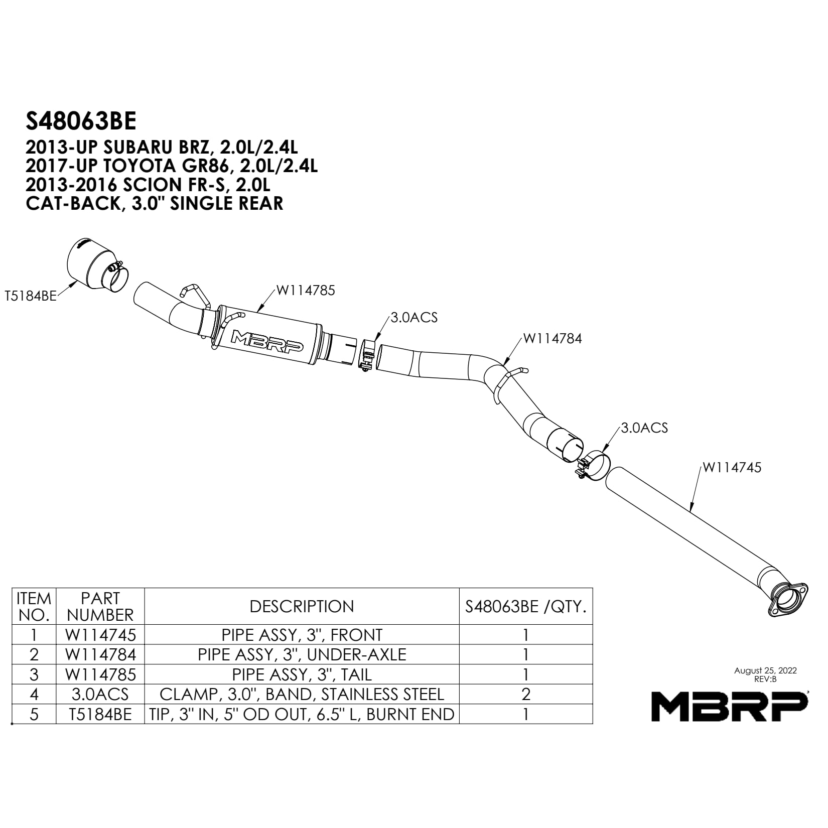 MBRP 12-22 Subaru BRZ 17-22 Toyota GR86 Stainless Steel 3in Cat-Back-Single Rear Exit w Burnt Tip