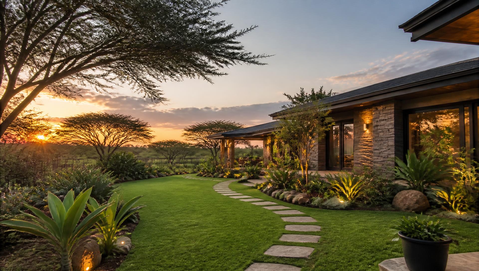 Landscaped Kenyan home garden with a manicured lawn, stone pathway and acacia trees at sunset