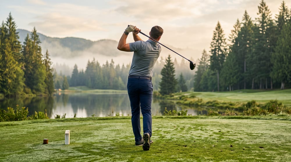 Golfer teeing off at a lakeside course in the Pacific Northwest