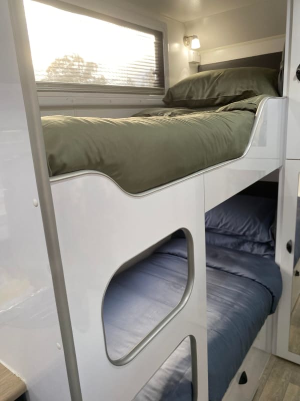 Stone Blue Caravan Fitted Sheets. Ecoluxe Travel Decor