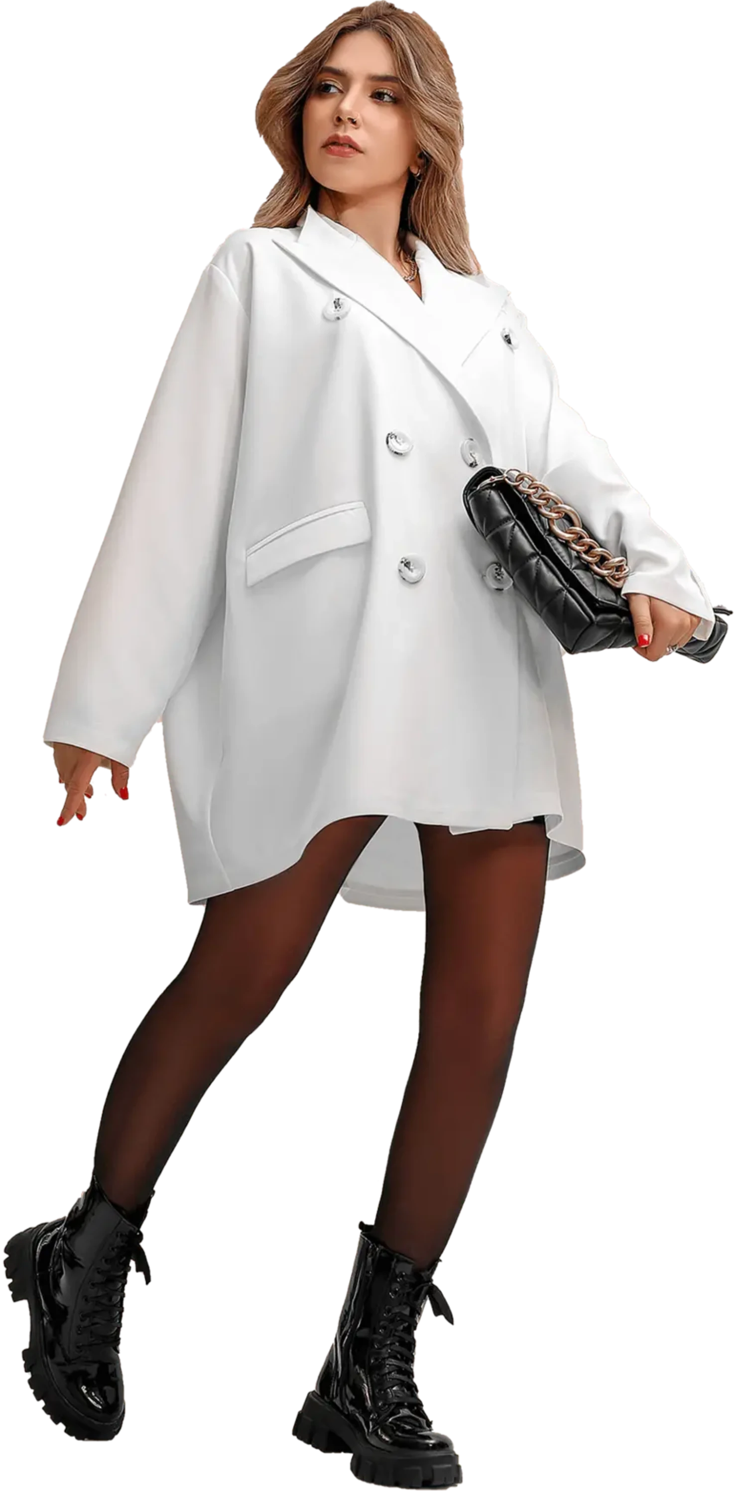 A woman in a white coat