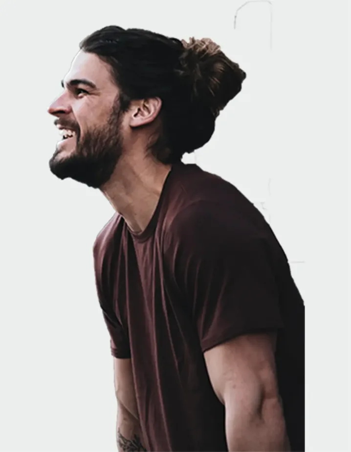 A man in a brown T-shirt