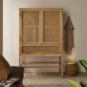 BohoBoho Costa Solid Wood & Rattan Wardrobe, Natural, 110x50x175cm