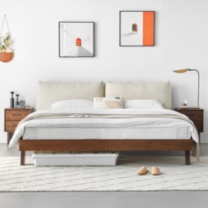 Solidwood Rotterdam Queen Bed Frame with Cushion Headboard, 155x225.5cm, Walnut & Beige