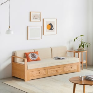 Solidwood Kano Sofa Bed with Storage Drawer, 208.4x69x71cm, Oak & Beige