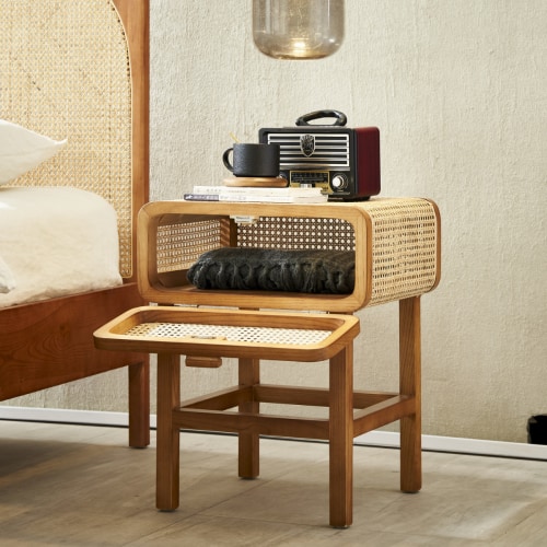 BohoBoho La Mar Solid Wood & Rattan Bedside Table, Natural, 47x43x60cm, Desks & Tables