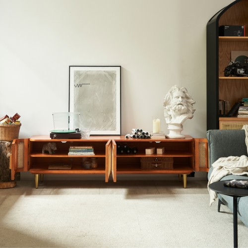 Solid Wood TV Unit with Storage, 180cm Wide