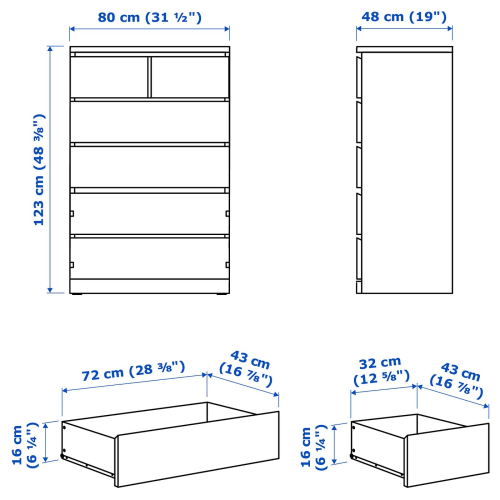 IKEA MALM Chest of 6 Drawers 80x123cm, White Stained Oak Veneer