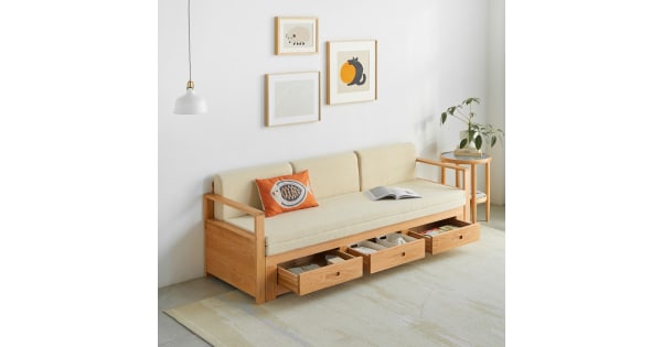 Solidwood Kano Sofa Bed+ Drawer Beige, Furniture