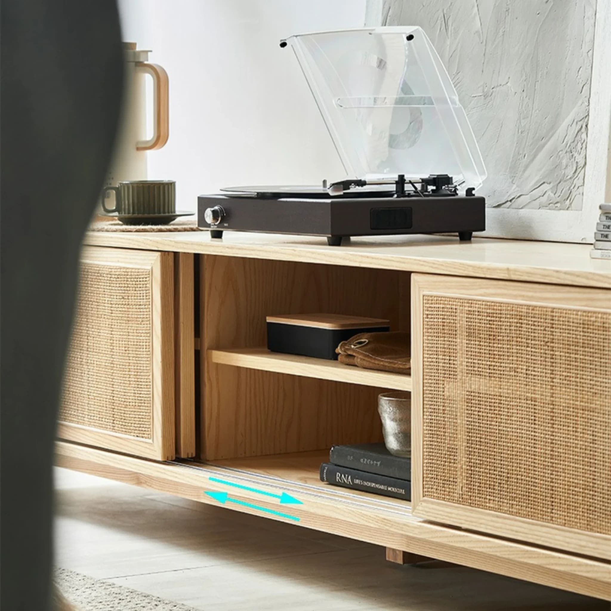 BohoBoho Costa Solid Wood & Rattan Entertainment unit, Natural Wood, 200x45x46cm