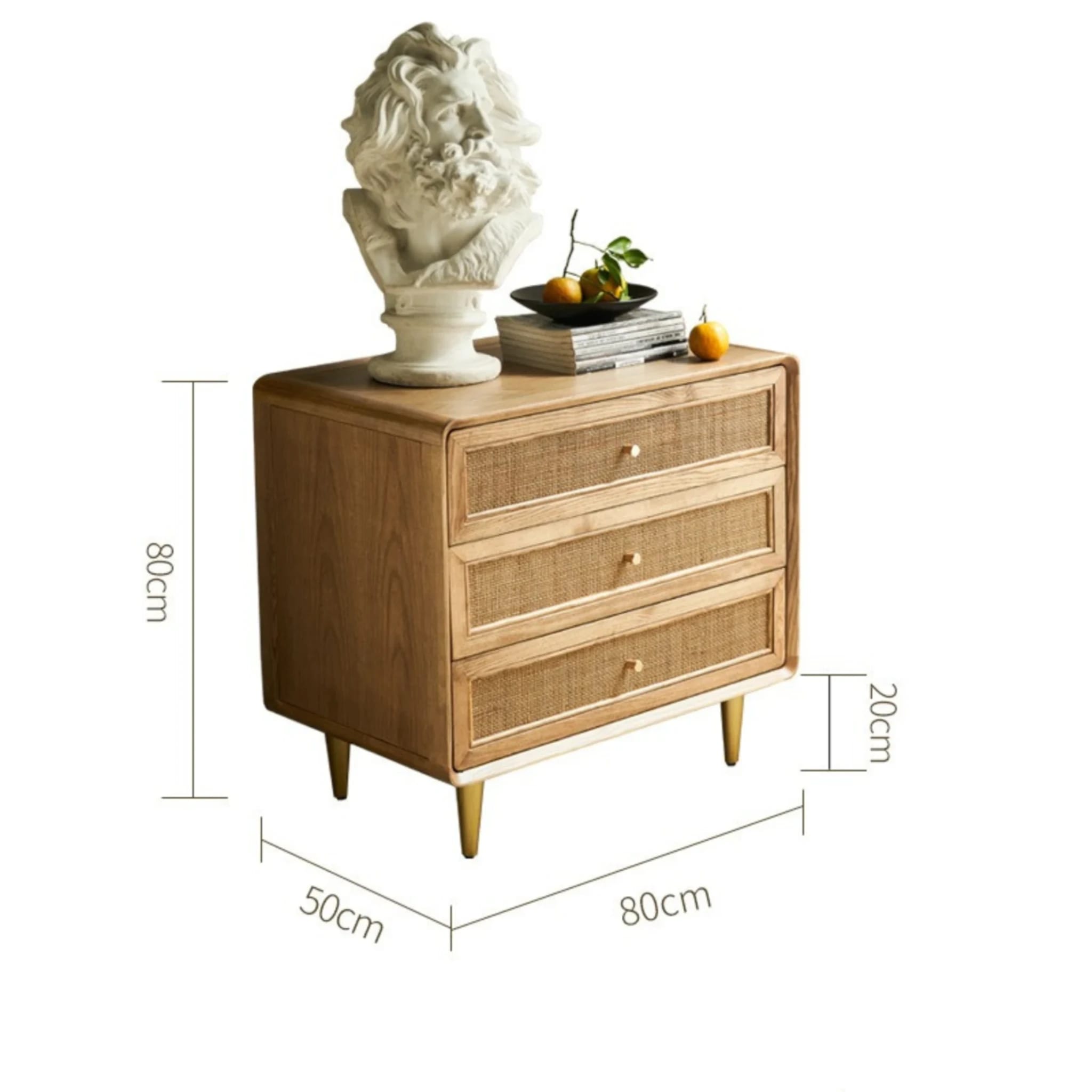 BohoBoho Laxo Solid Wood & Rattan Chest of 3 drawers, Natural Wood, 80x50x80cm