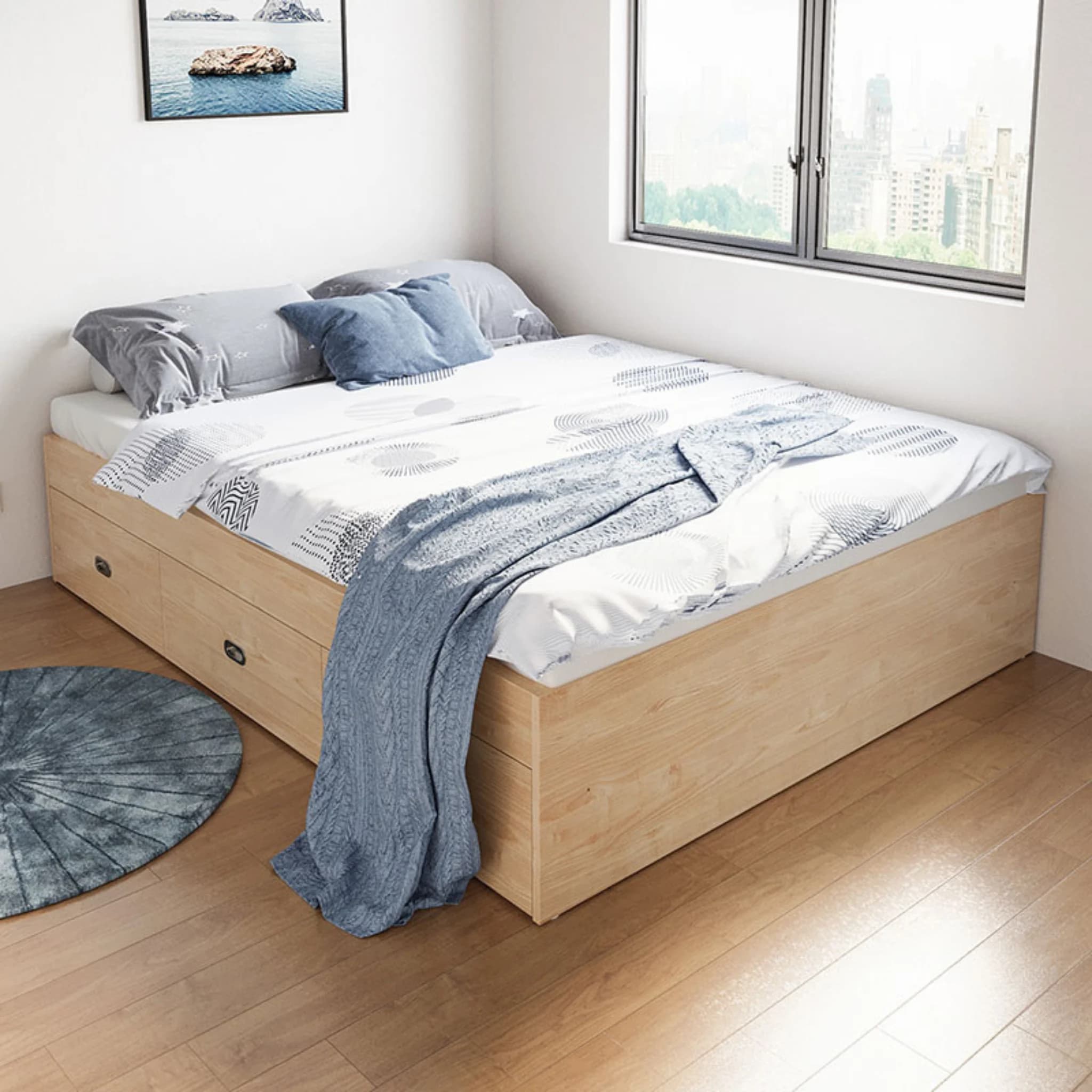 Linspire Royale Global Short Queen Bed Base with Storage Drawers, Natural Wood