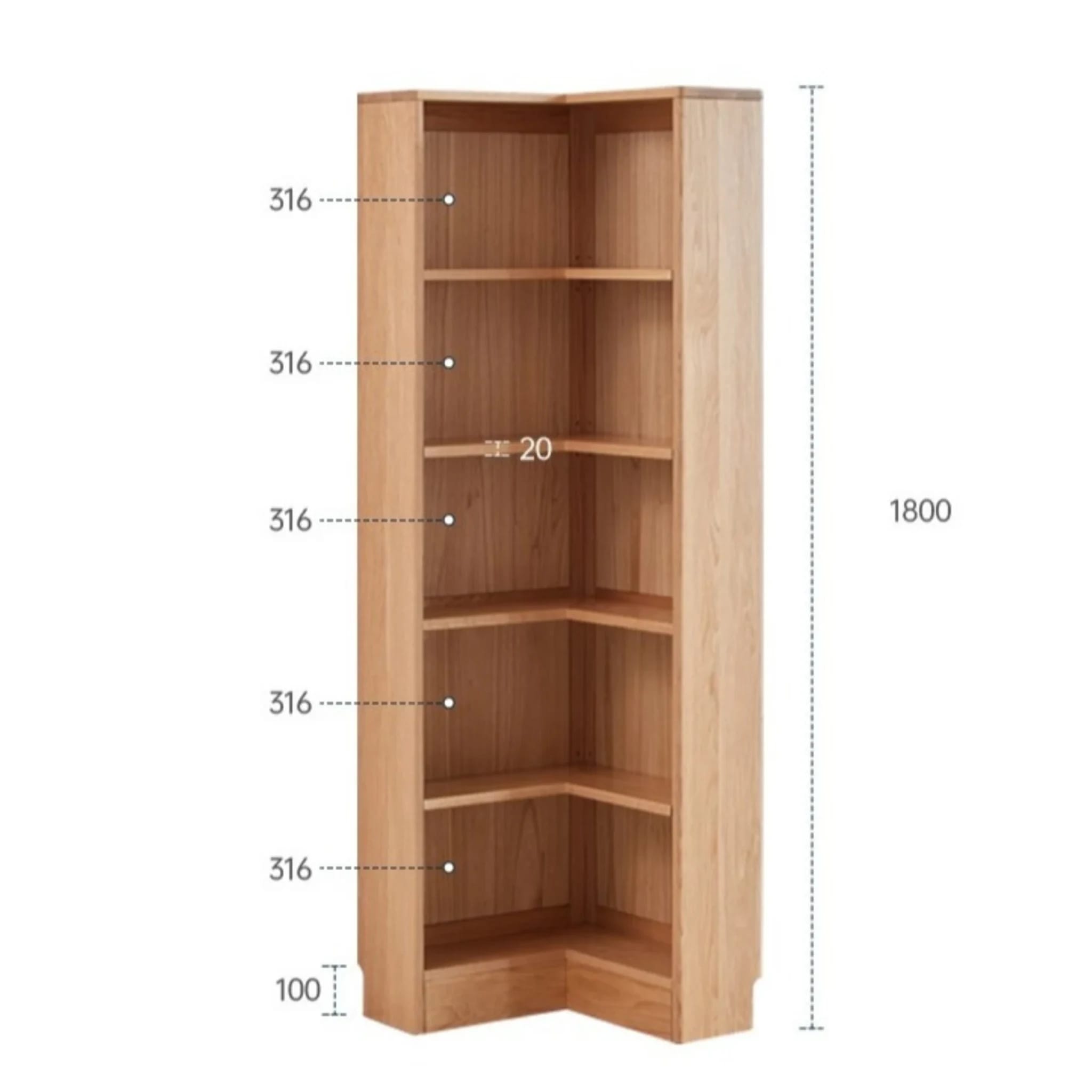 Solidwood Pittsburgh Corner Bookcase, 55x55x180cm, Natural Wood