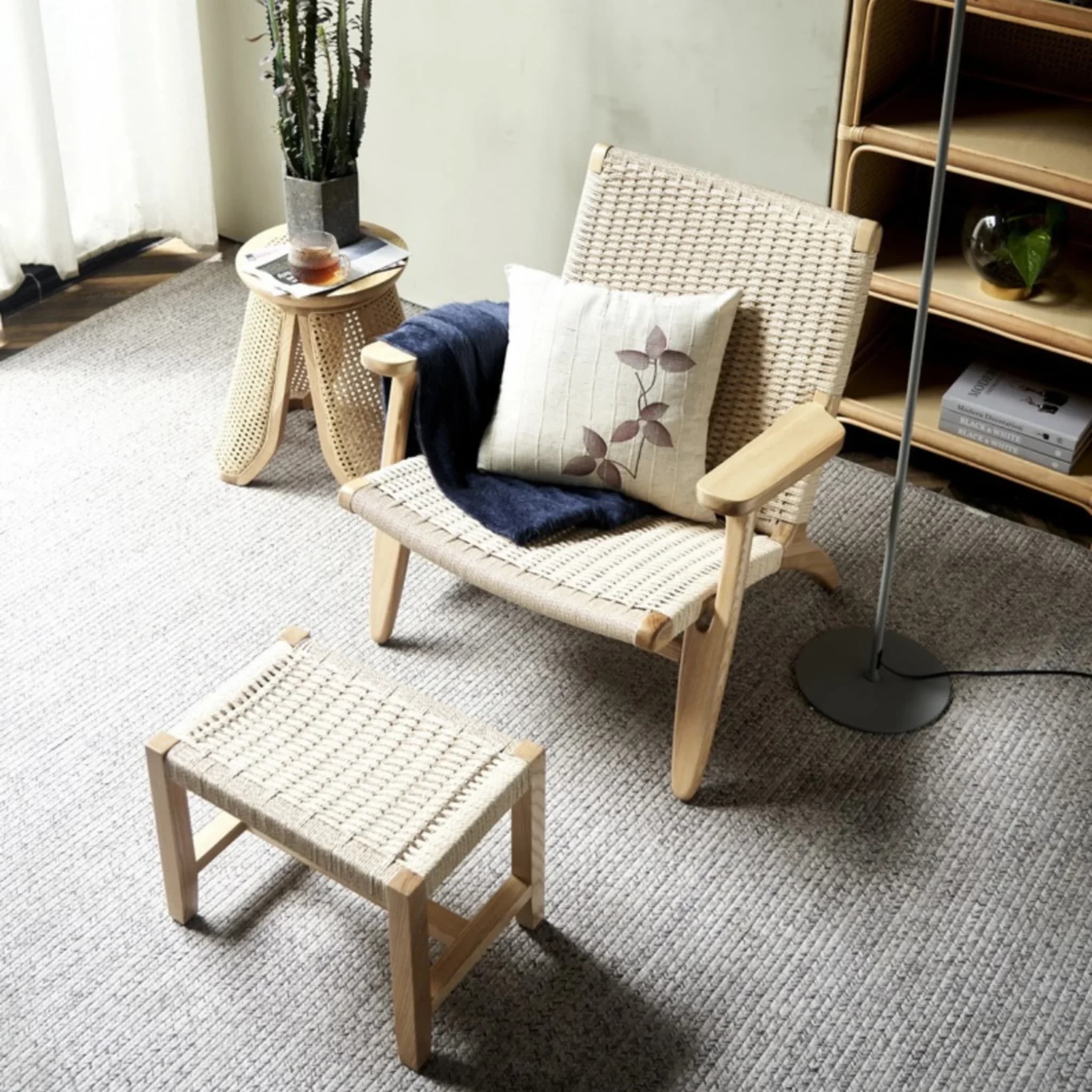 BohoBoho Verus Solid Wood & Rattan Lounge Chair with Foot Stool