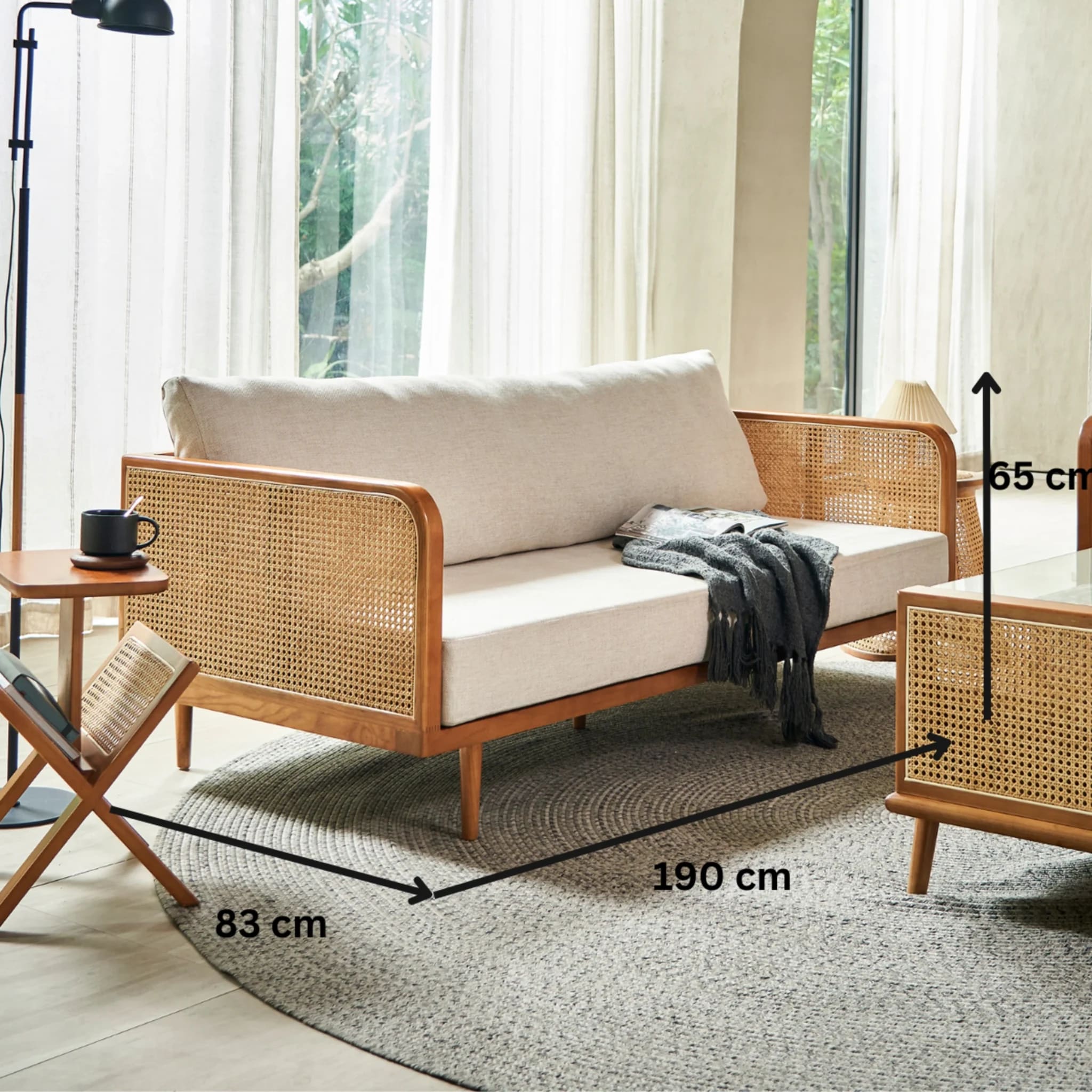 BohoBoho Verus Solid Wood & Rattan 3-Seater Sofa, Natural Wood, 190x83x65cm