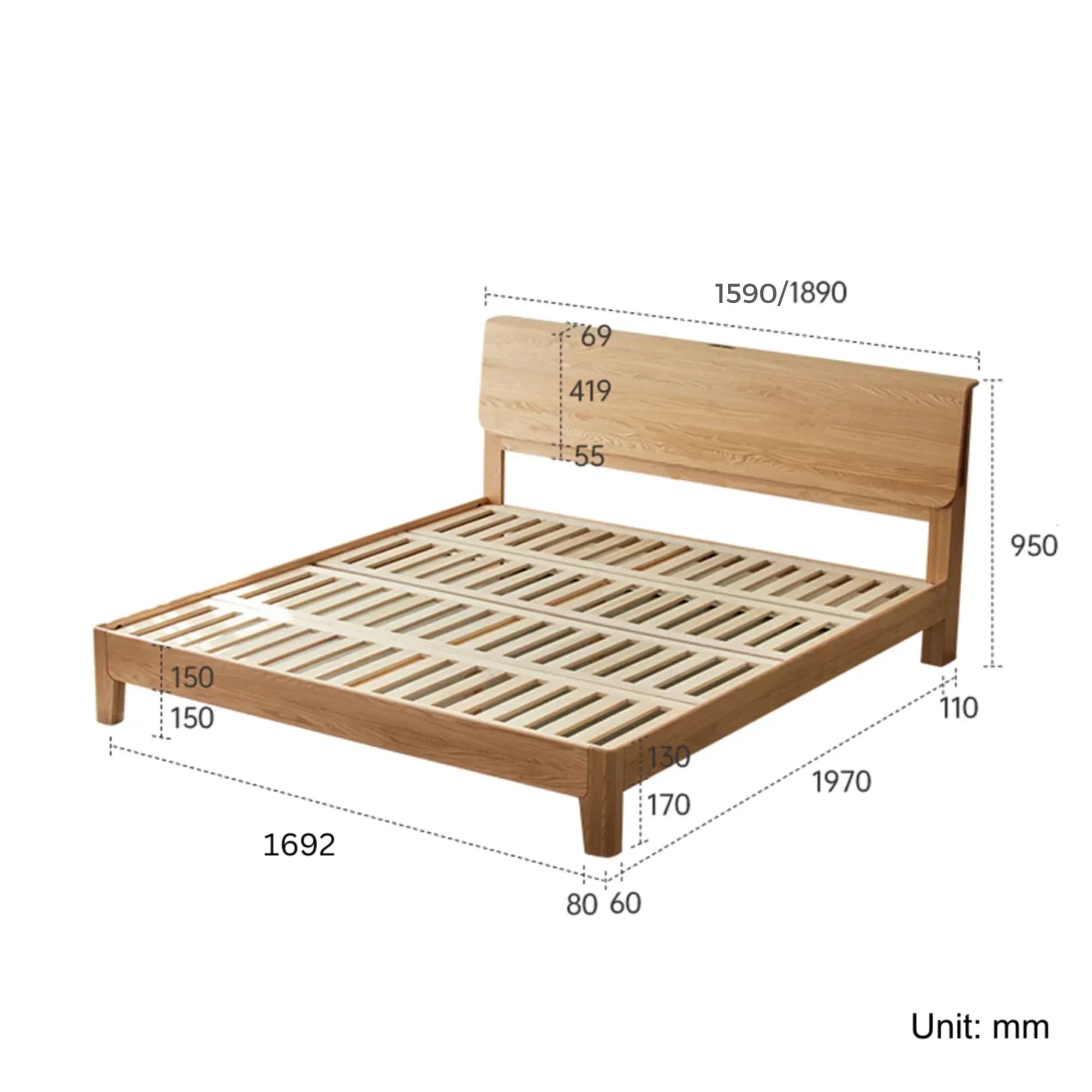 Solidwood Bailey Global Queen Bed Frame, Low Profile, Natural Wood