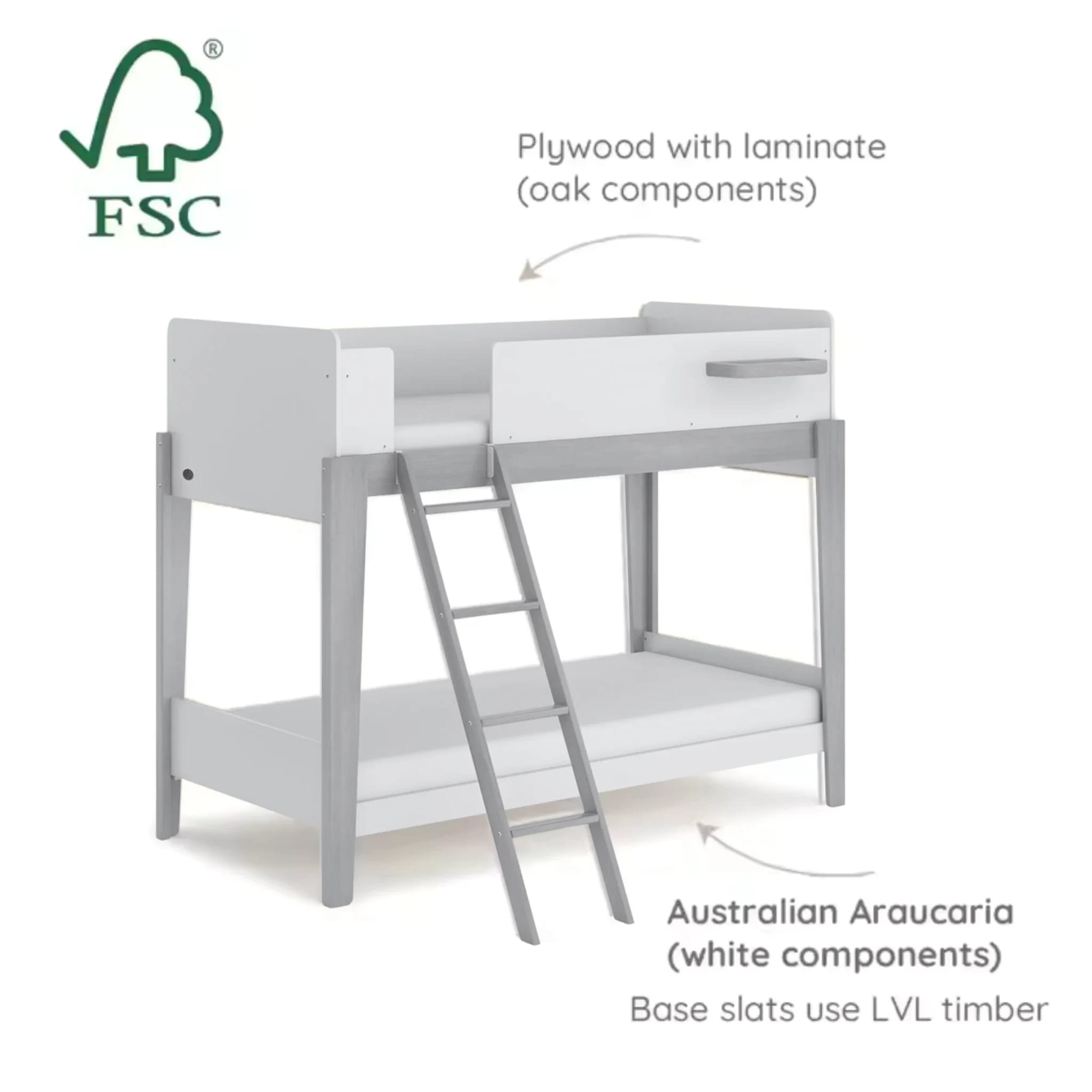 Boori Natty Kids NZ Single Bunk Bed + Ladder, Oak