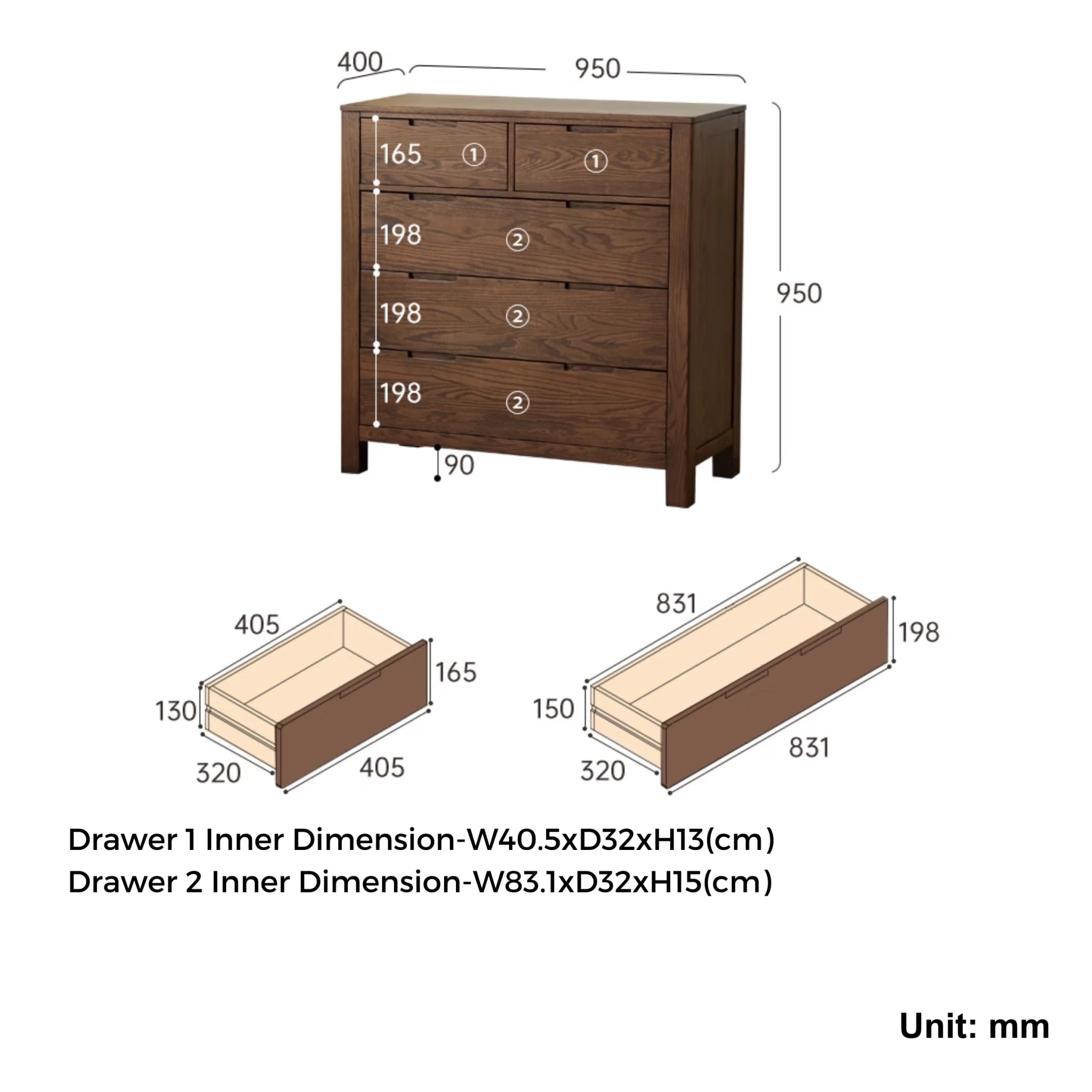 Solidwood Norway Chest of 5 Drawers, 95x40CM, Dark Wood