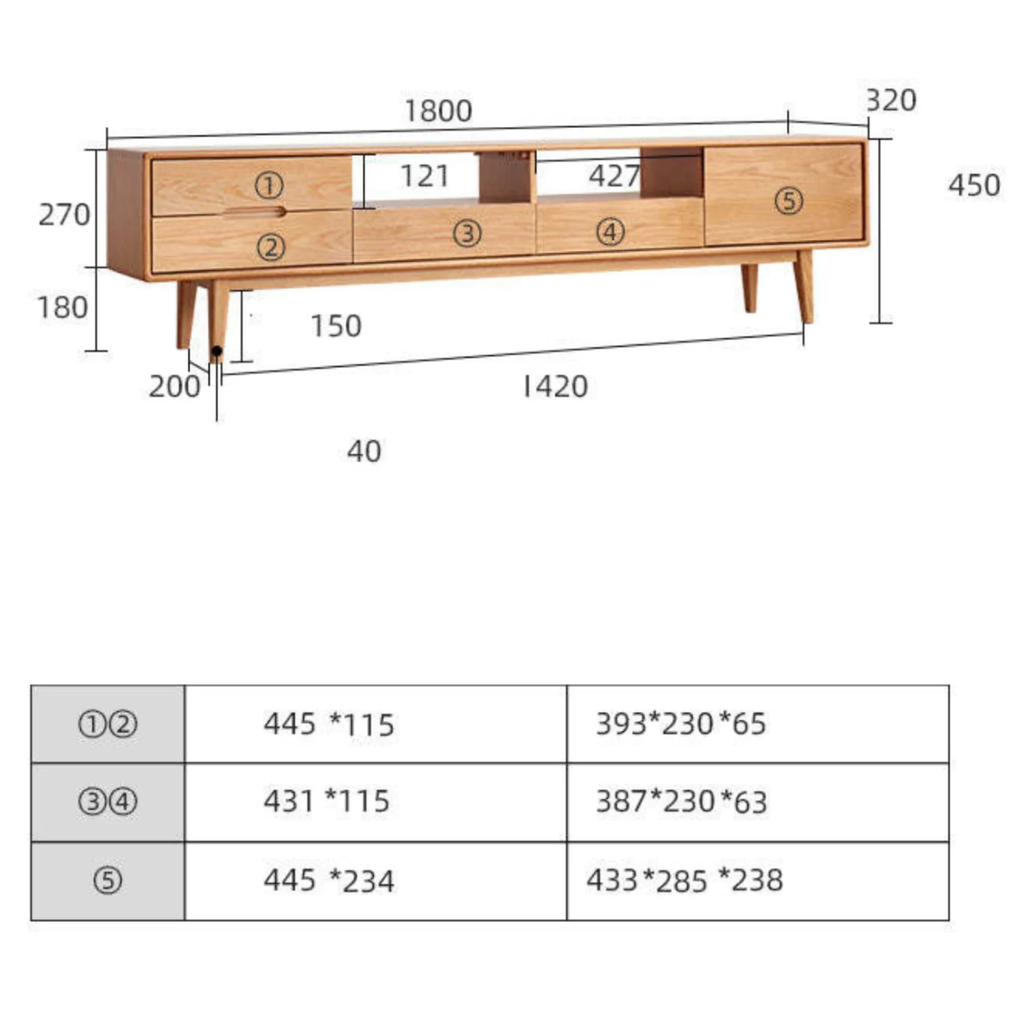 Solidwood Bailey Entertainment unit, 180x32x45CM, Natural Wood