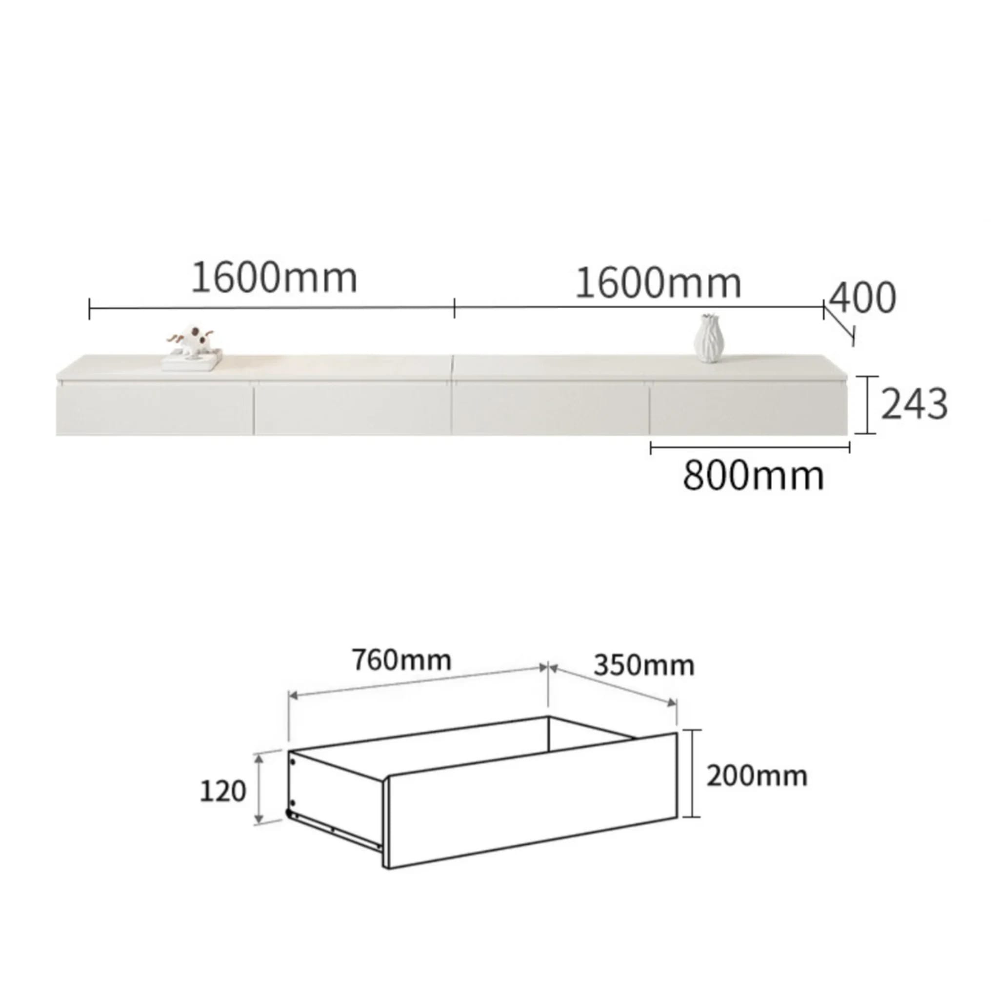 Loft Japandi Floating Entertainment Unit, W320cm, White