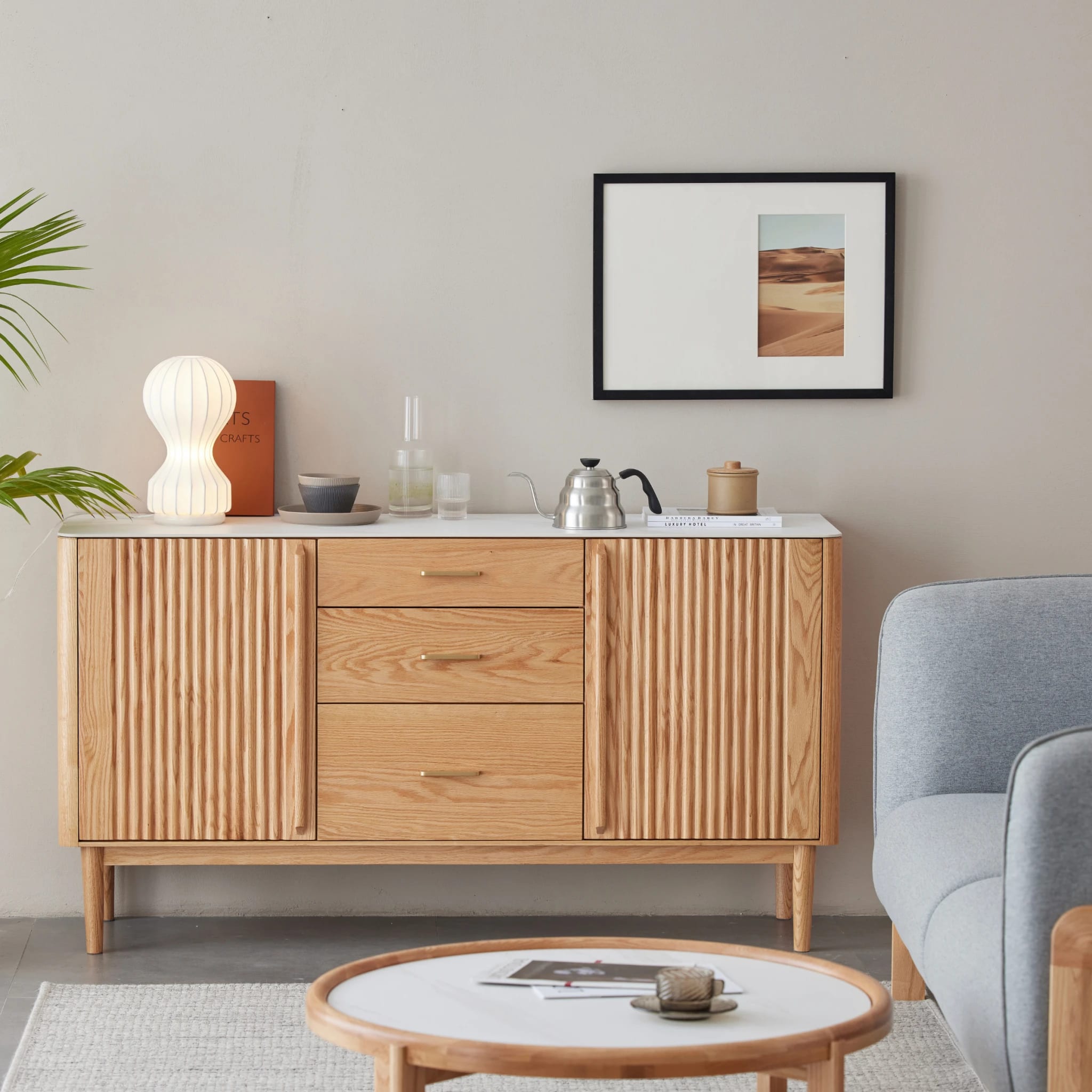 Solidwood Santa Rosa Sideboard with Sintered Stone Top, 150x42x81cm, Natural Wood