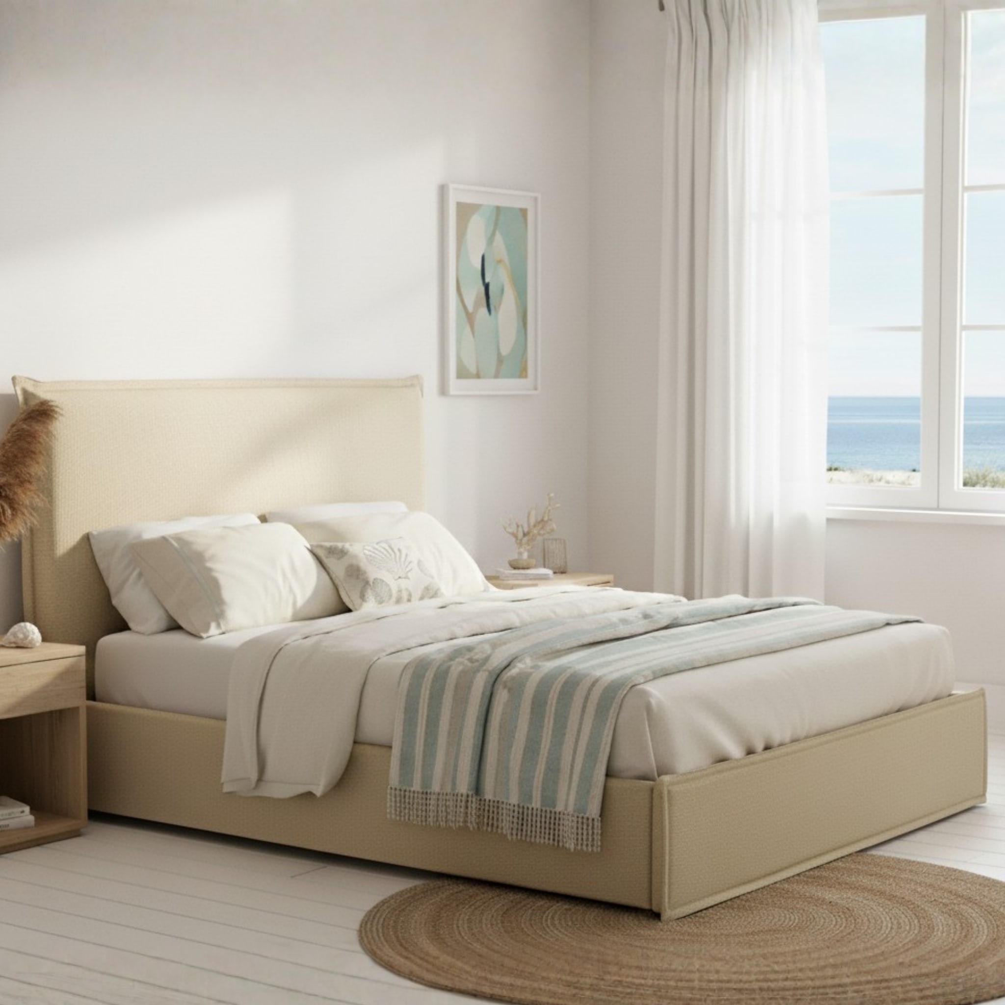 MODE Lina Fabric Gas Lift NZ Queen Bed Frame with Storage, Beige