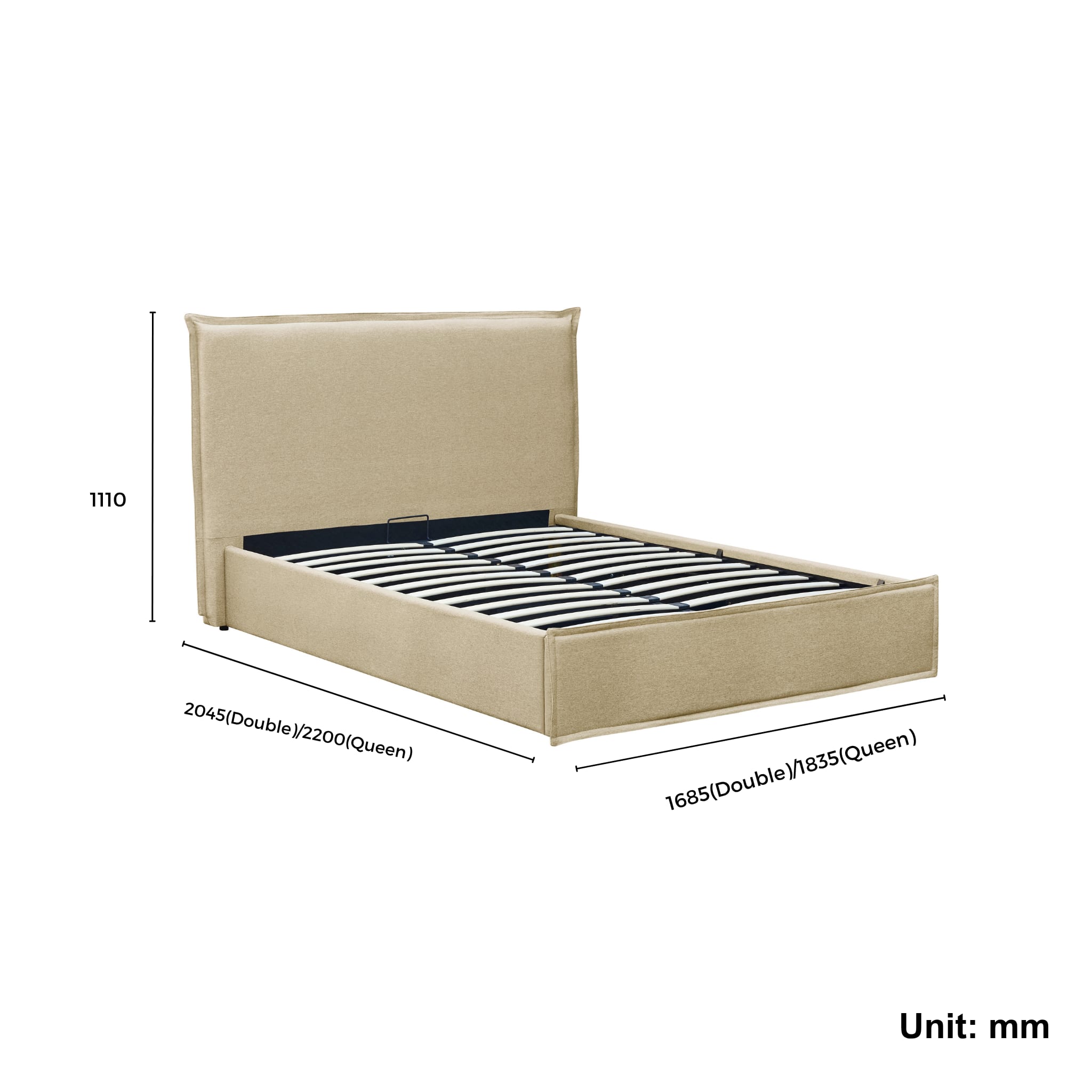 MODE Lina Fabric Gas Lift NZ Queen Bed Frame with Storage, Beige