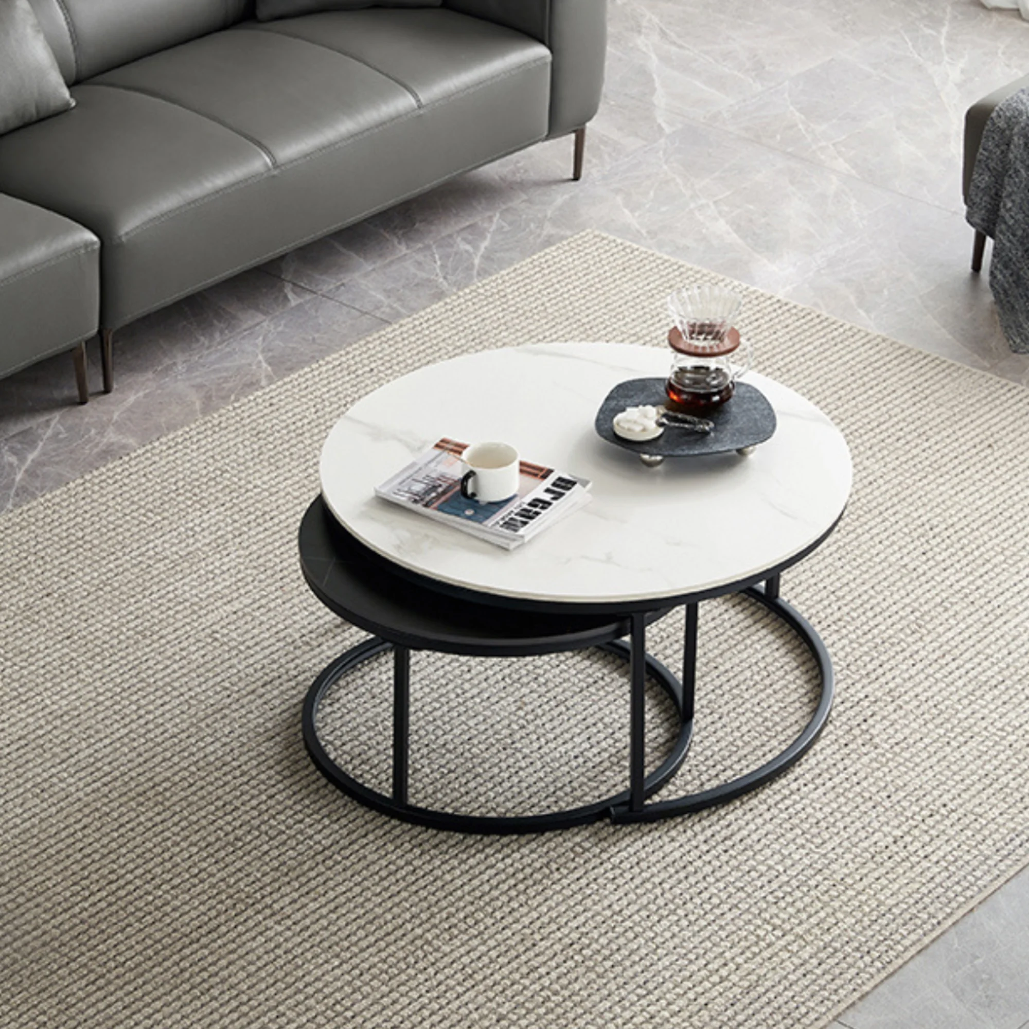 Linspire Eclipse Nesting Coffee Table with Sintered Marble Top, Set of 2, White & Black