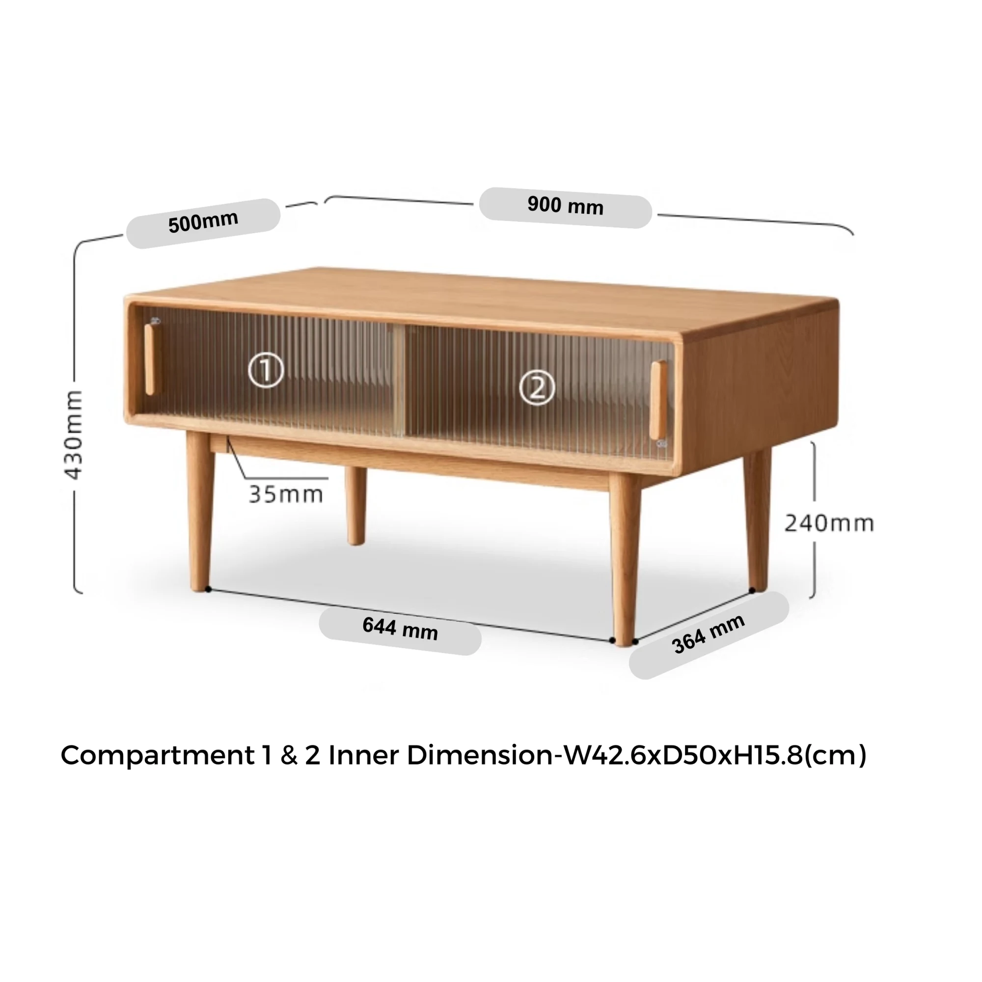 Solidwood Fuji Coffee Table with Glass Doors, 90cm