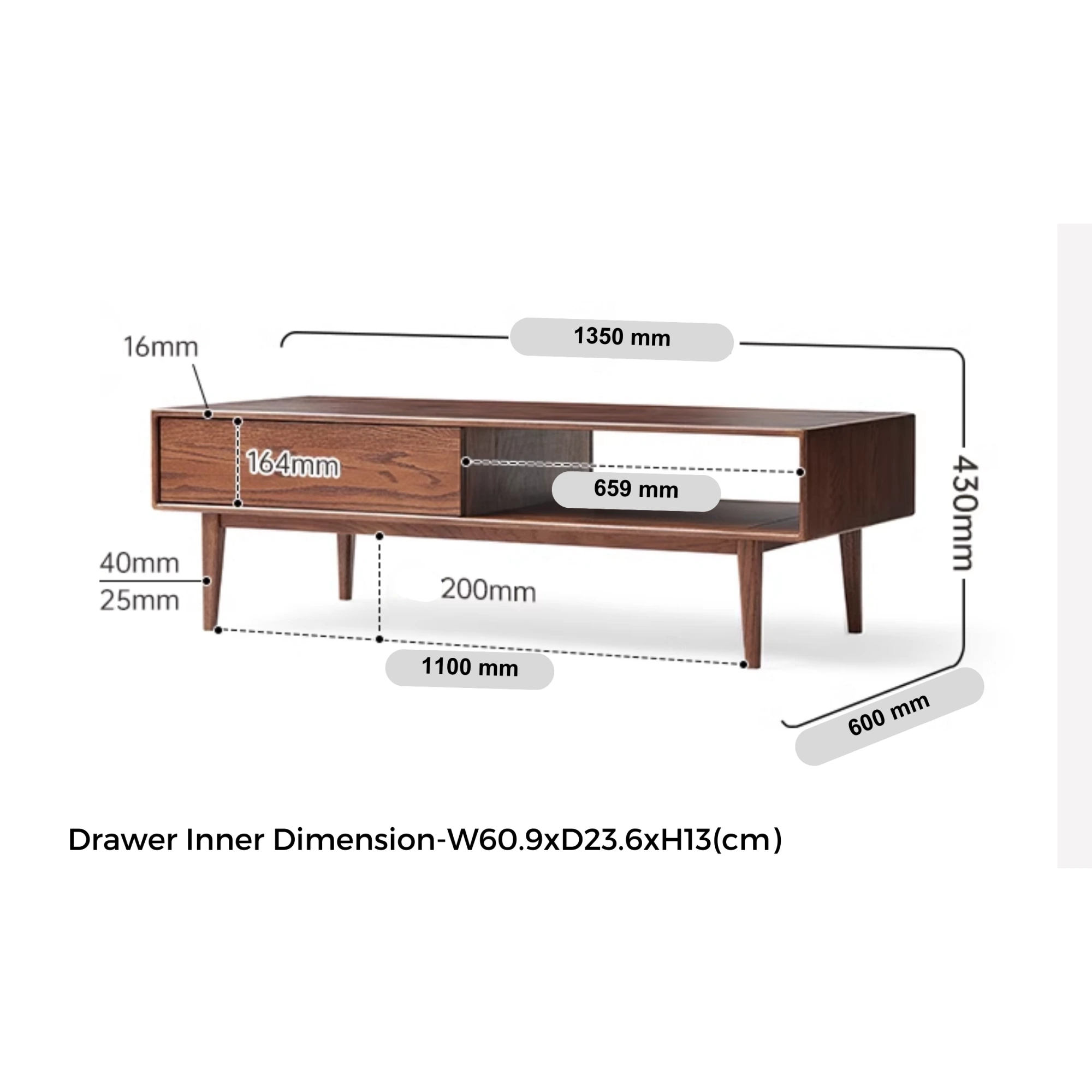 Solidwood Bailey Coffee Table, 135cm, Dark Wood