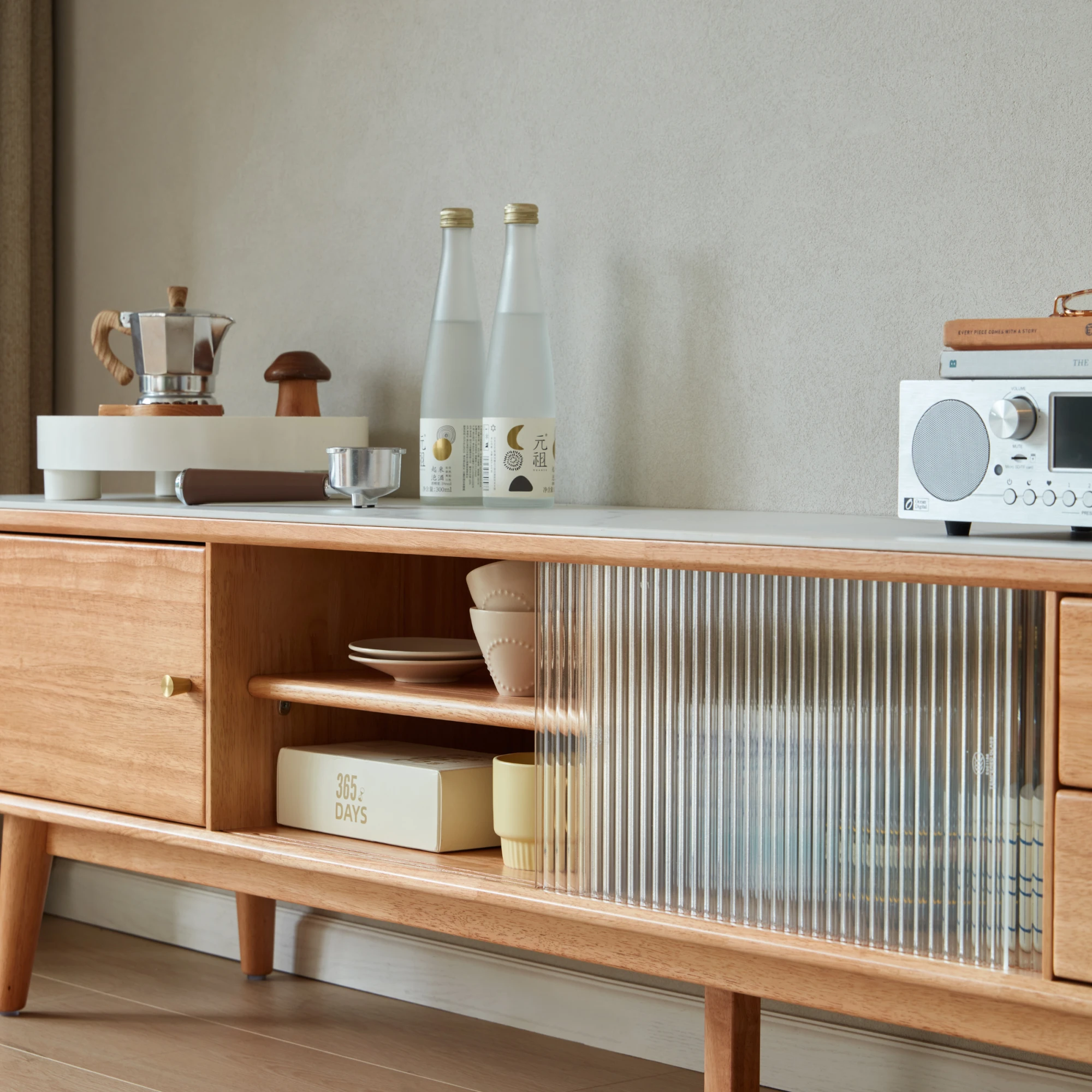 Linspire Ventus Solid Wood Entertainment Unit with Sintered Marble Top, Natural Wood