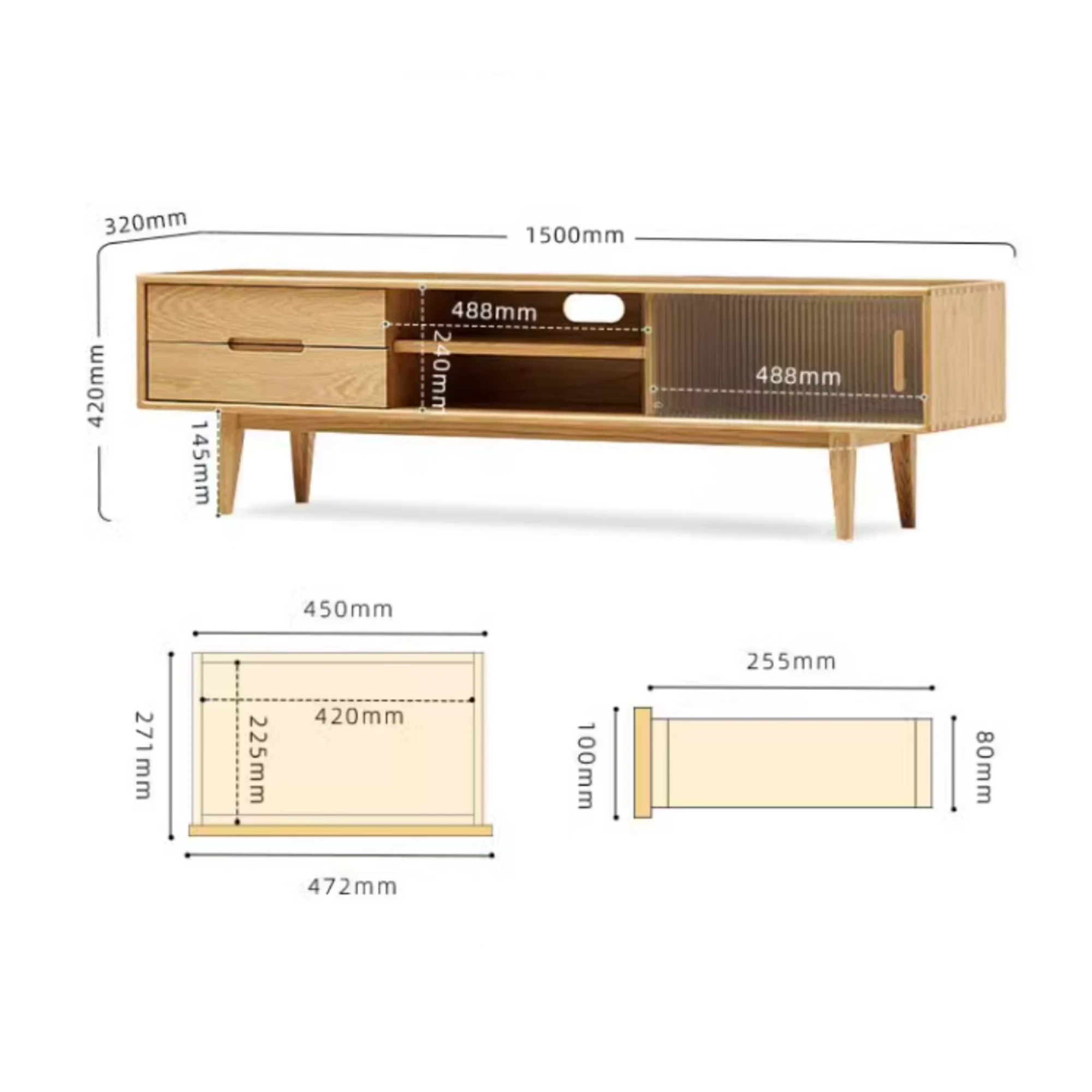 Solidwood Bailey TV Stand, 150x32x42CM, Natural Wood