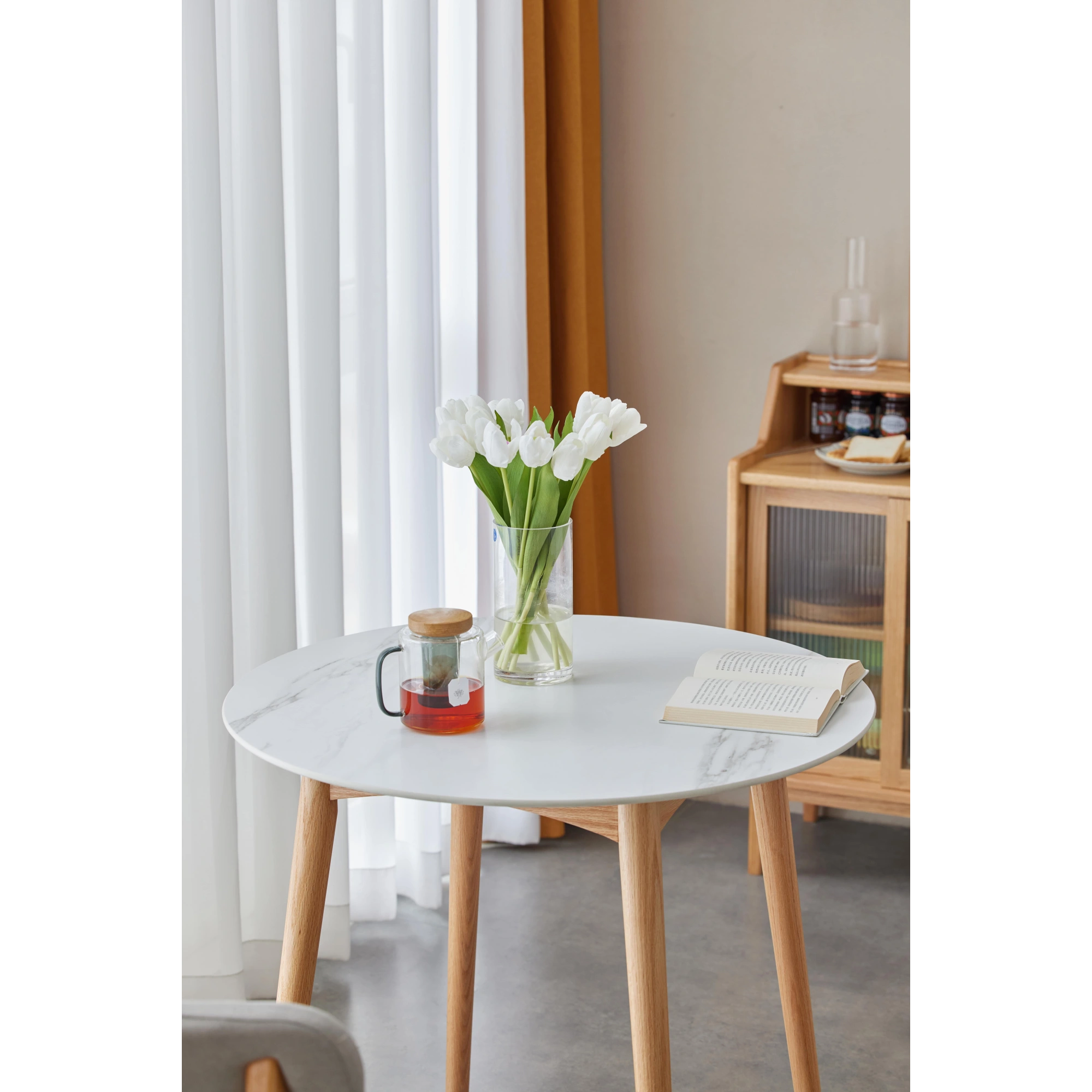 Solidwood Fuji Table, 80x74CM, Faux White Marble & Natural Wood
