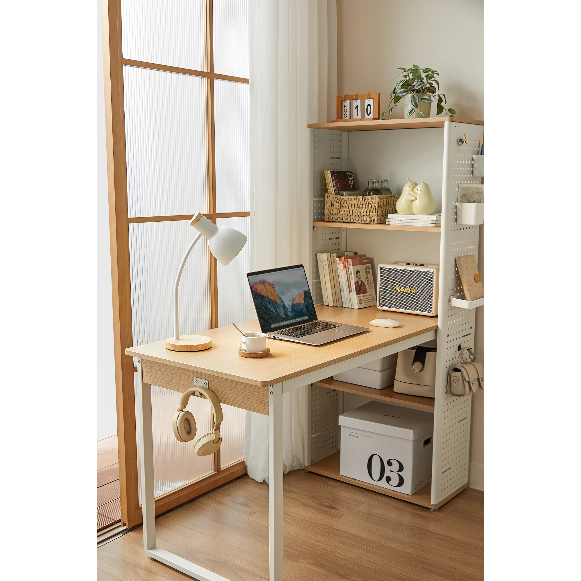 Linspire Ascend Desk with Shelves, Natural Wood & White